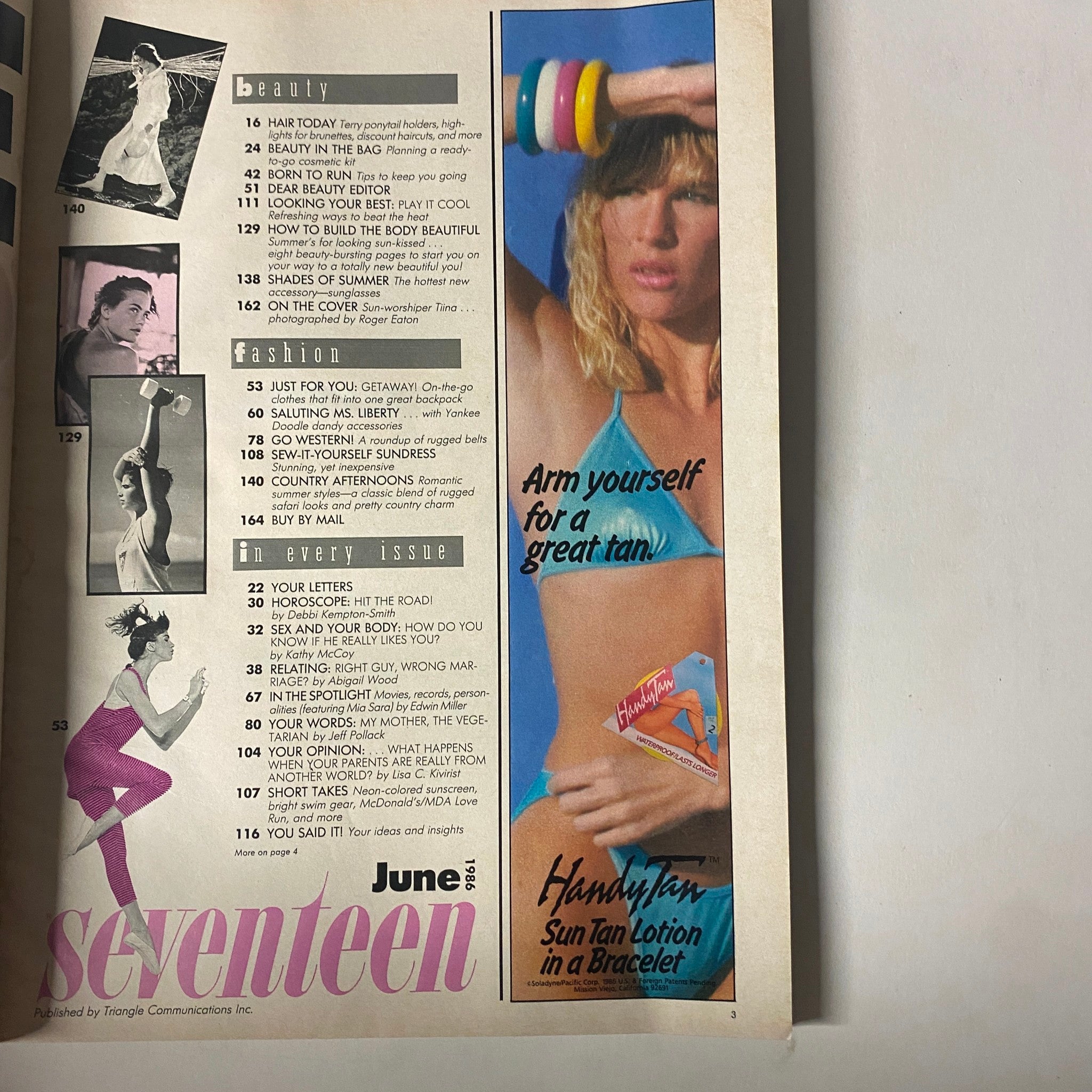 Inside page of Seventeen Magazine June 1986, highlighting beauty and fashion features including tan tips and summer styles. Title: 'Seventeen Magazine June 1986 Sun-Worshiper Tina Cover No Label'.
