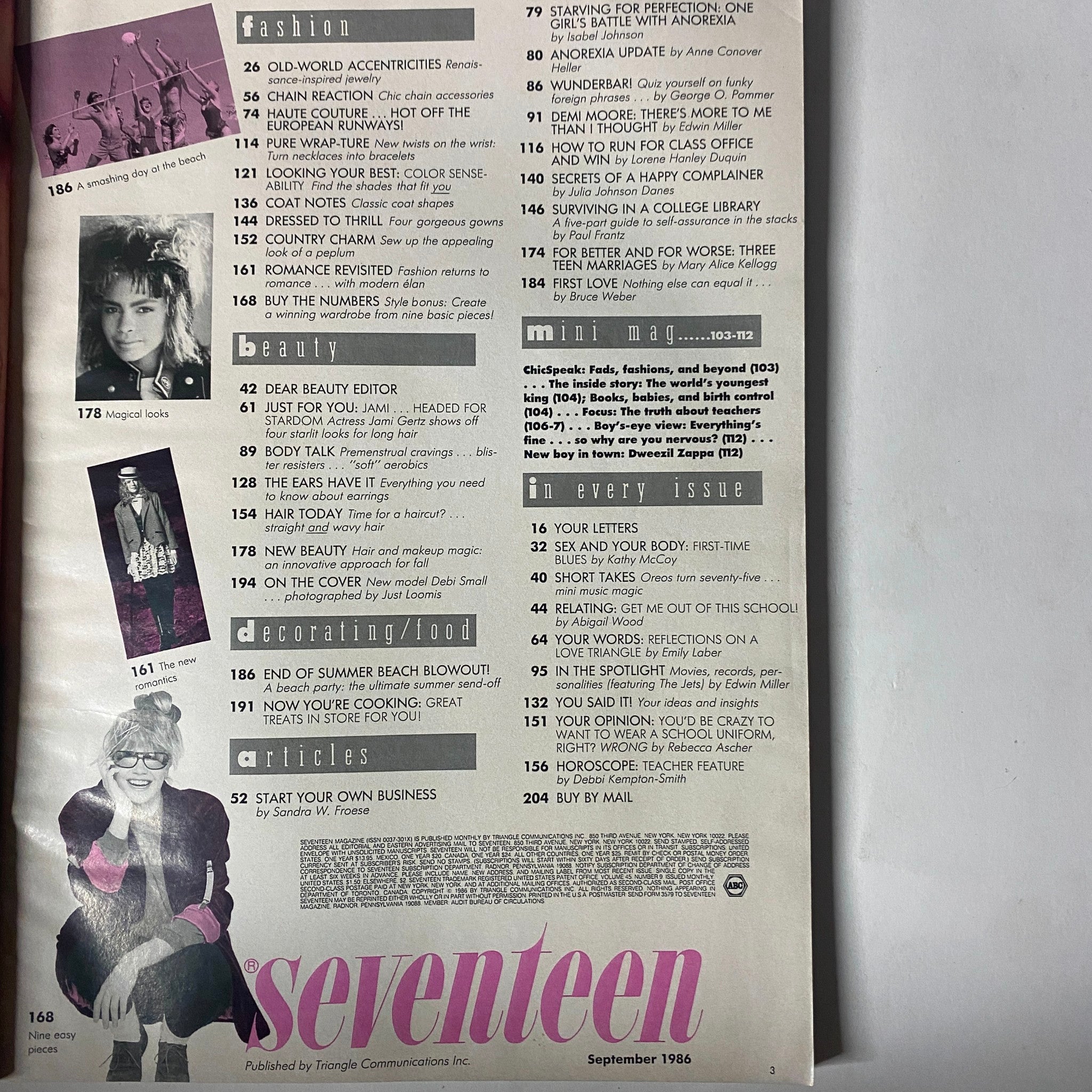 Table of contents from Seventeen Magazine September 1986 featuring model Debi Small on the cover, highlighting fashion trends, beauty tips, and teen culture articles.