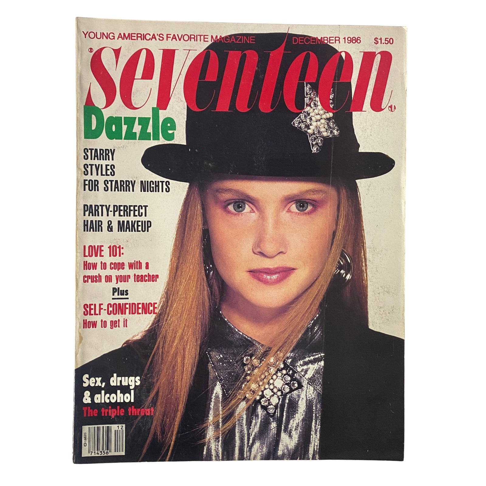 Seventeen Magazine December 1986 featuring model Claire Warner on the cover with a festive hat, showcasing holiday fashion and beauty trends.