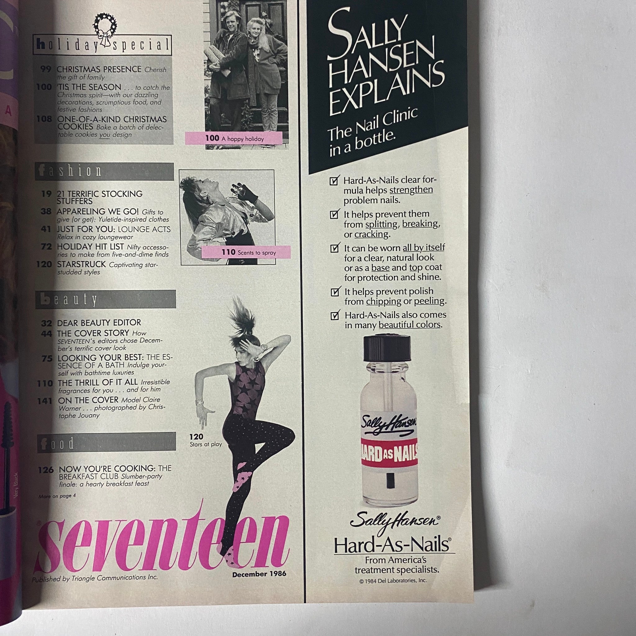 Inside spread of Seventeen Magazine December 1986 highlighting the Table of Contents and an advertisement for Sally Hansen's Hard-As-Nails.