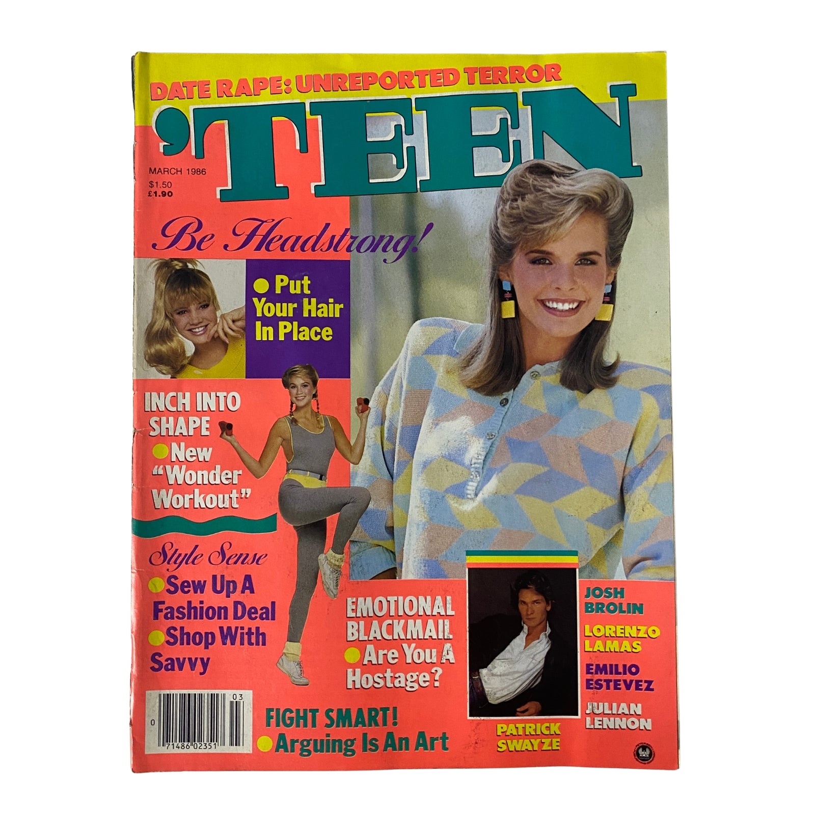 Cover of 'Teen Magazine March 1986' featuring Patrick Swayze, Josh Brolin, and Lorenzo Lamas, highlighting fashion and beauty tips.