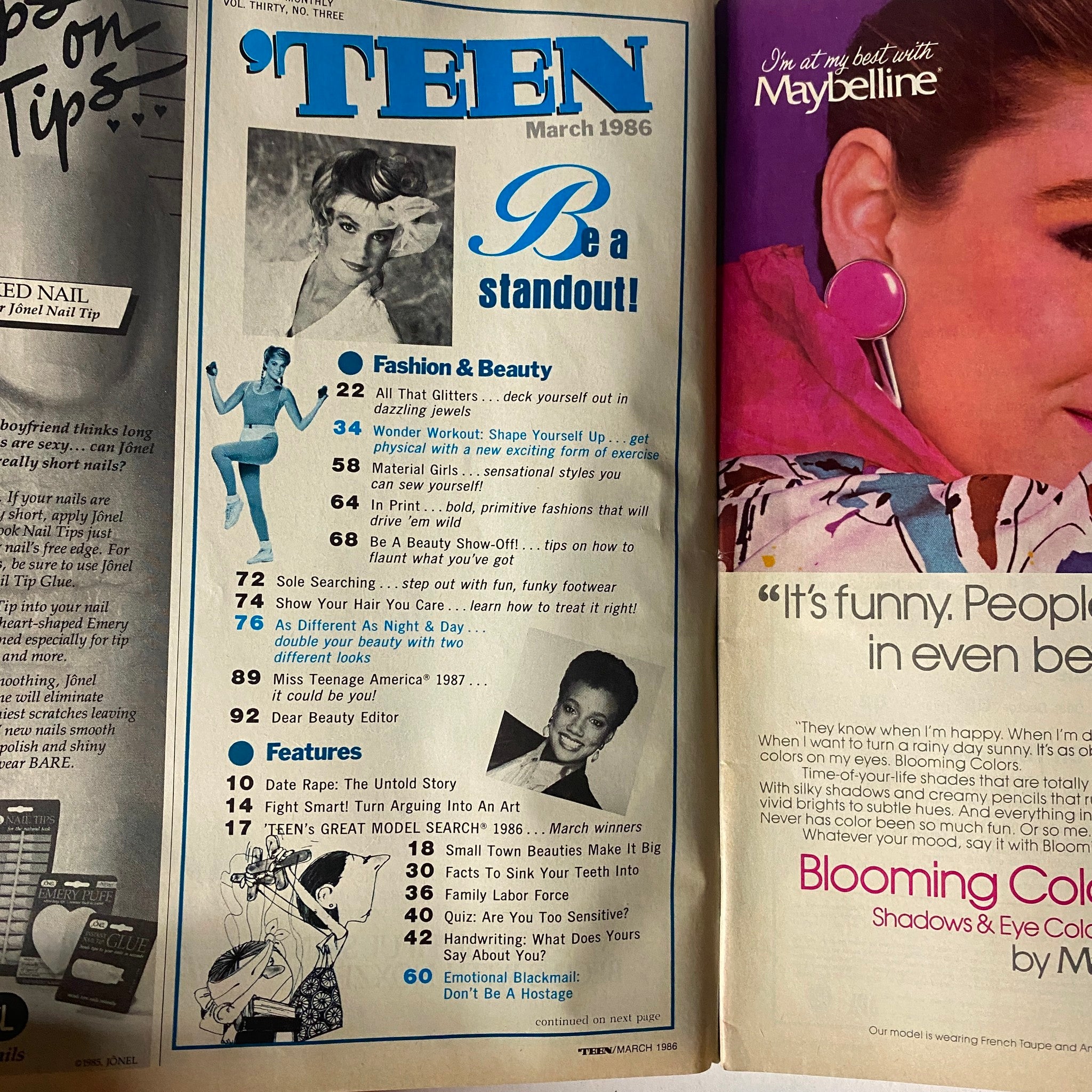 Table of contents from 'Teen Magazine March 1986', showcasing features on fashion, beauty, and teen issues.
