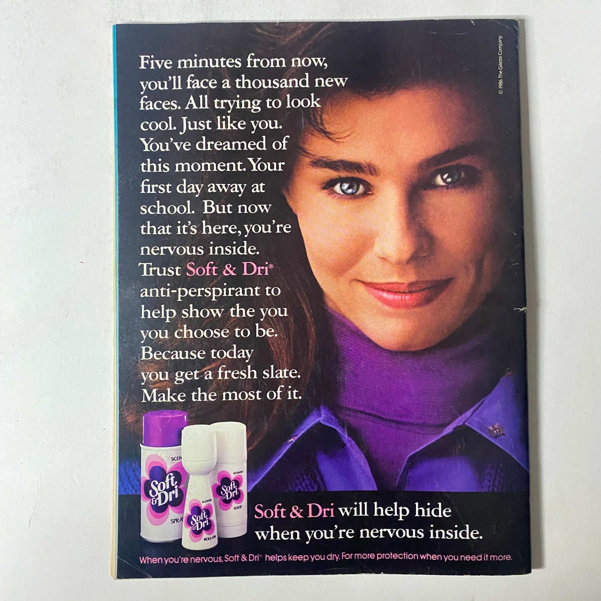 Vintage advertisement for Soft & Dri antiperspirant from 'Teen Magazine March 1986', emphasizing confidence for teens.