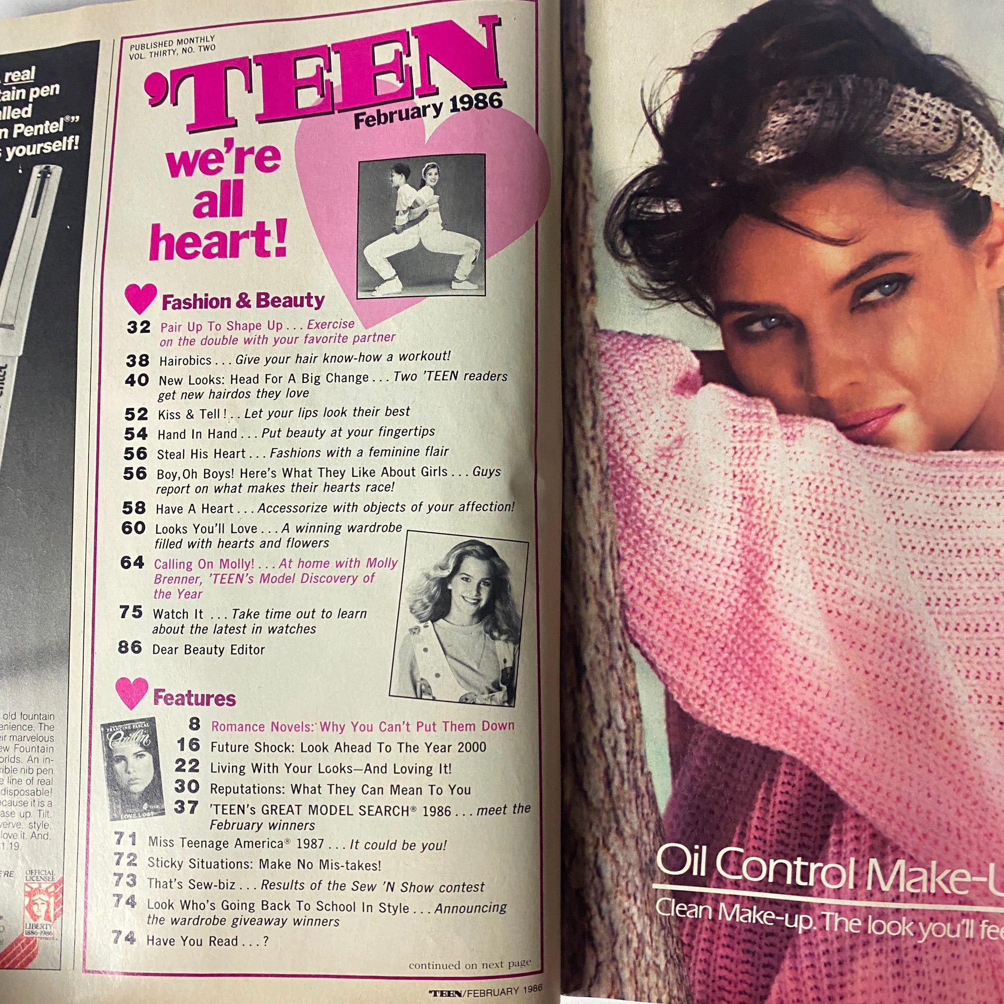 Interior pages of 'Teen Magazine' February 1986 highlighting sections on fashion and beauty with articles like 'Kiss & Tell!' and 'Future Shock: Life in the Year 2000'.