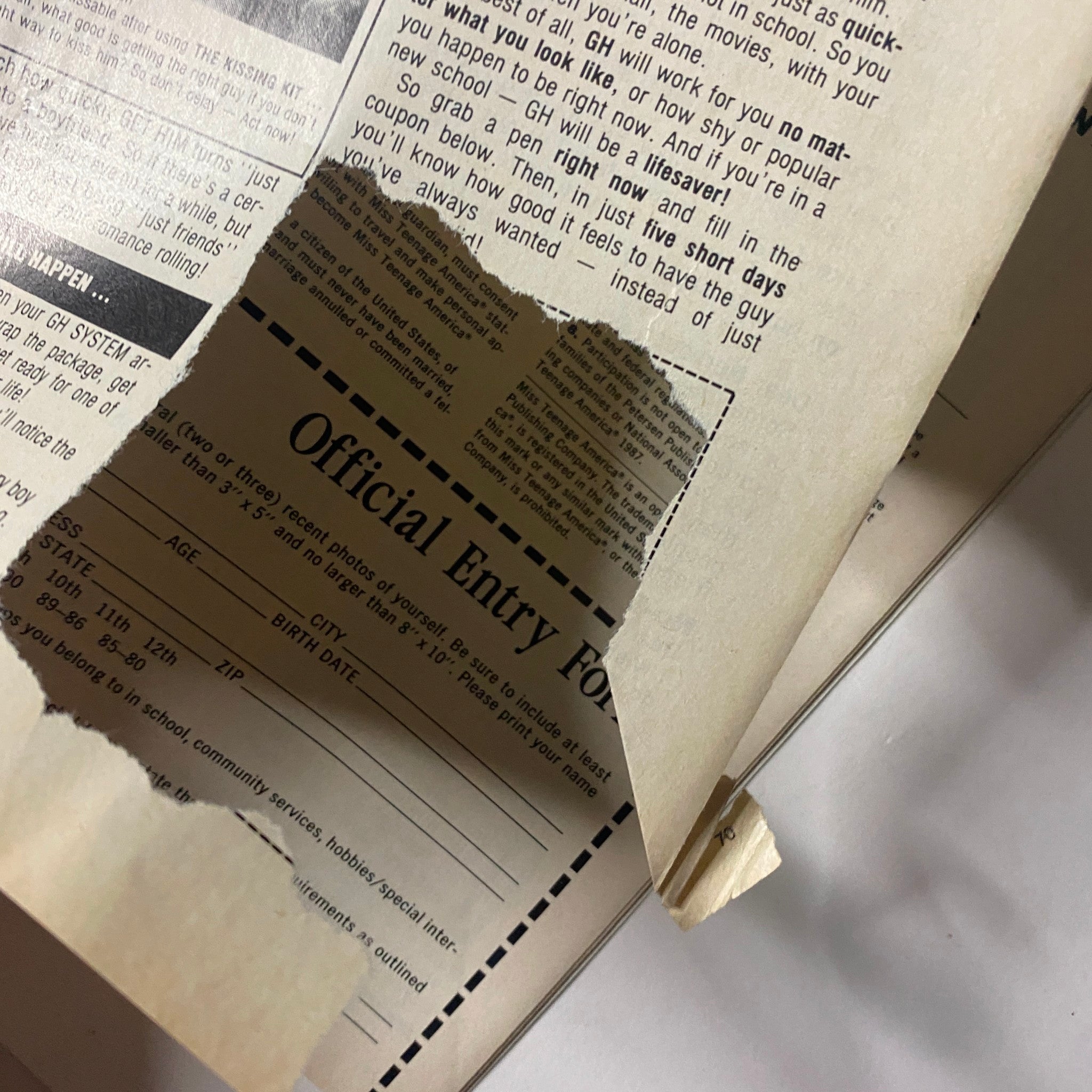 Official entry form from the February 1986 issue of ’Teen Magazine featuring Molly Brenner on the cover, showing signs of wear with a cut-out section.