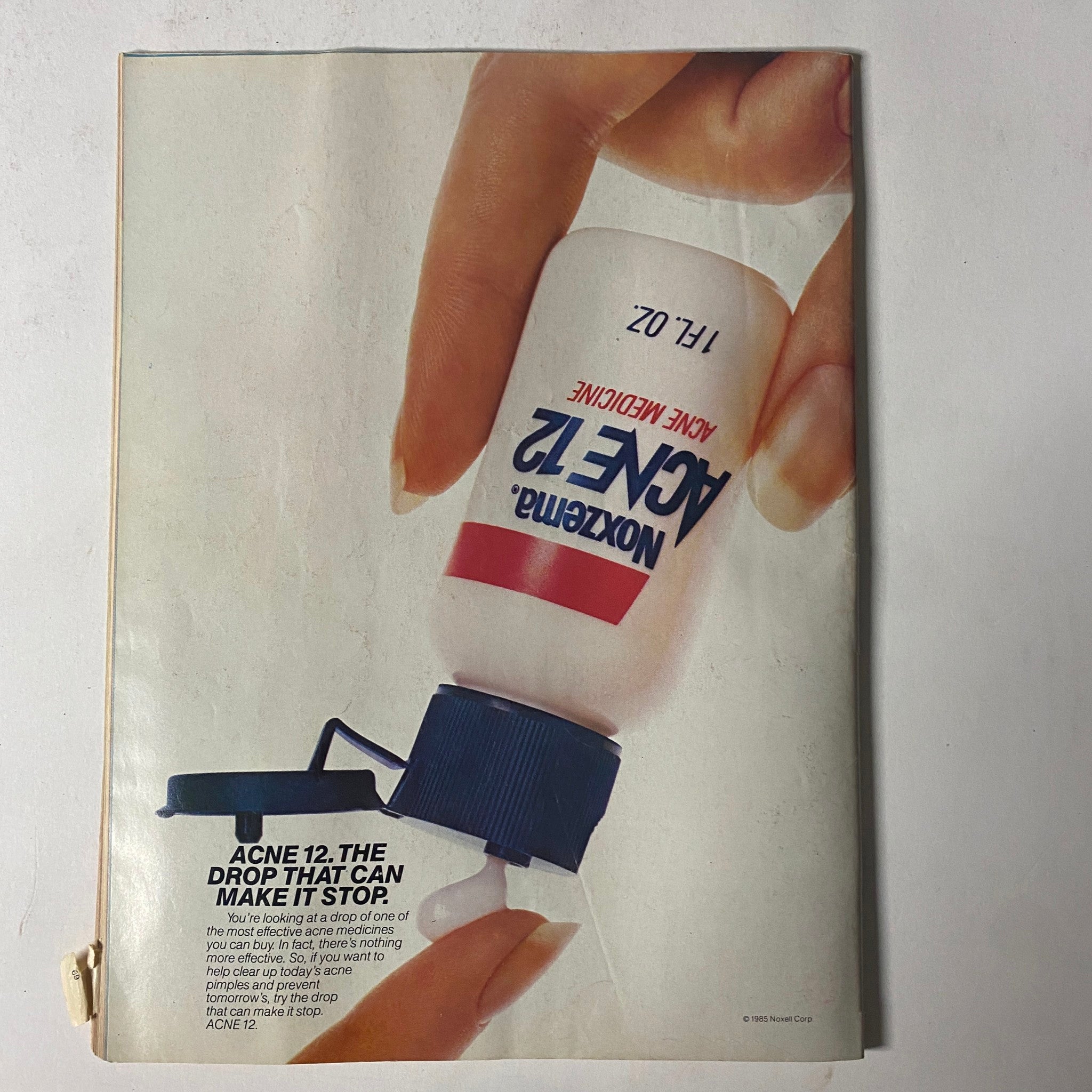 Acne treatment advertisement from the February 1986 issue of ’Teen Magazine featuring Molly Brenner on the cover, showcasing Noxzema Acne 12 product.