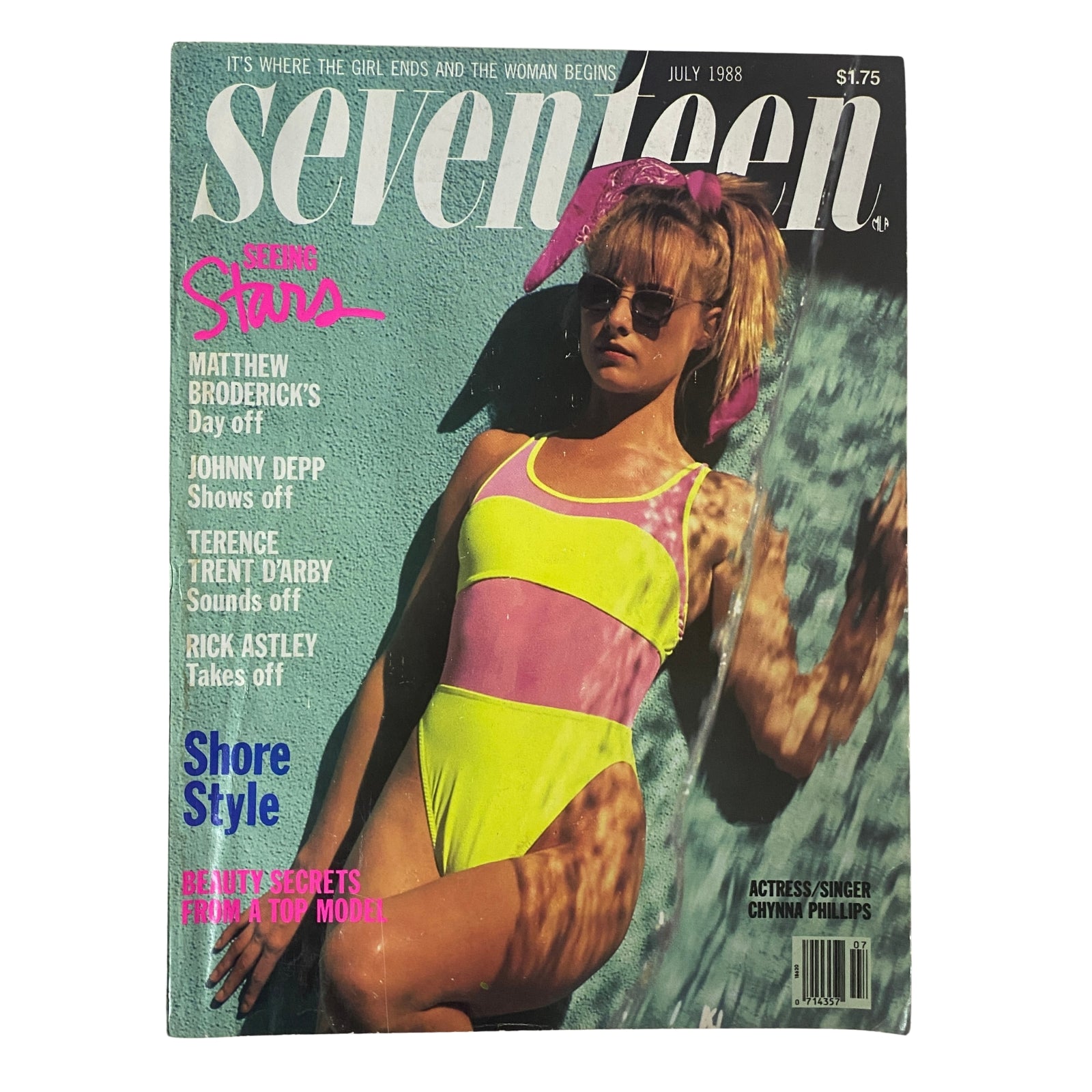 Seventeen Magazine July 1988 featuring actress Chynna Phillips on the cover in a vibrant swimsuit, showcasing 1980s fashion trends and summer style.