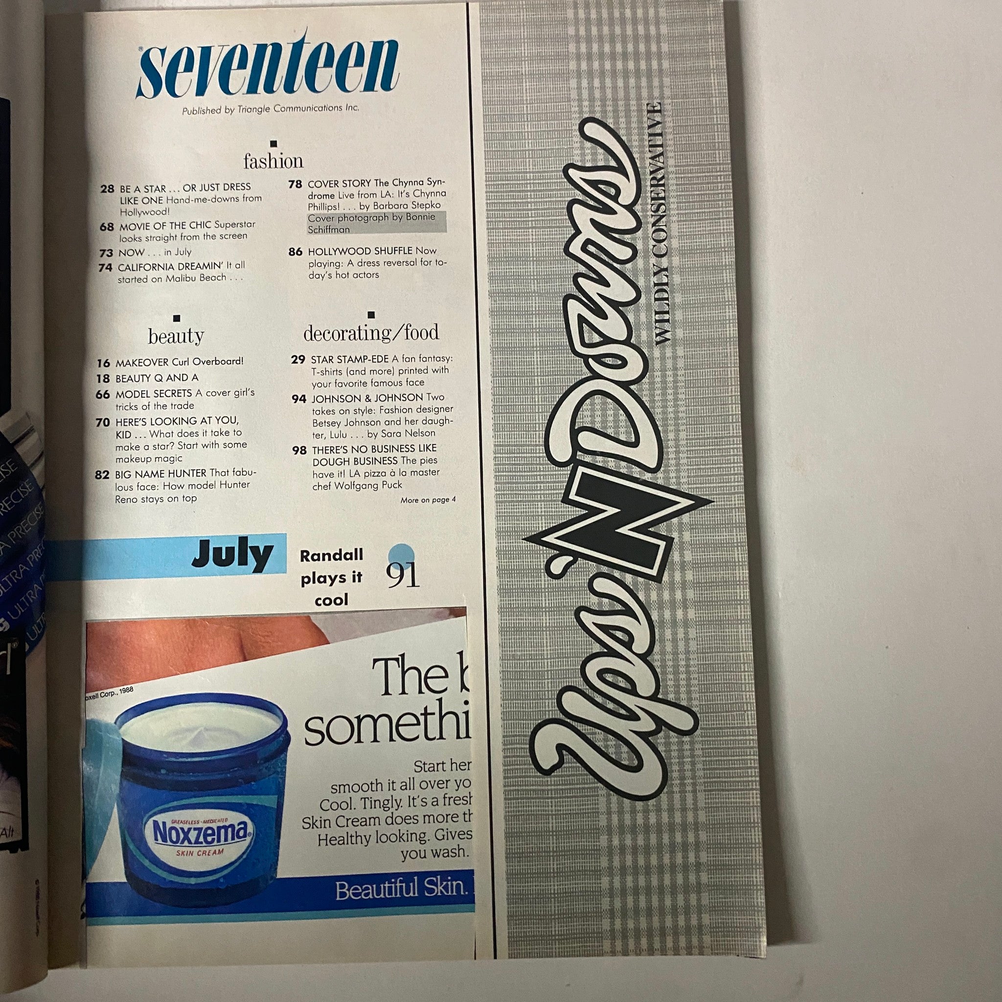 Table of Contents from Seventeen Magazine July 1988 highlighting sections on fashion, beauty, and the feature on The Chynna Syndrome.