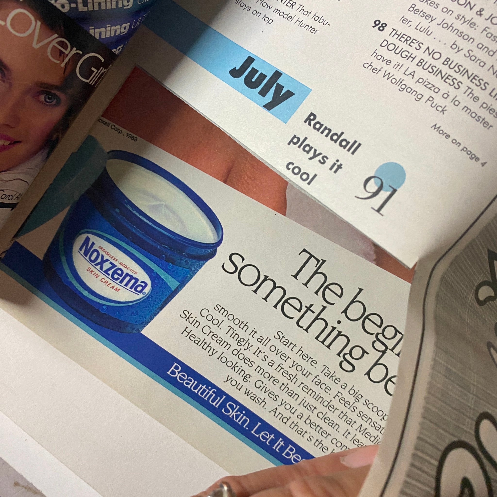 Seventeen Magazine July 1988 The Chynna Syndrome Feature page with Norxena advertisement promoting beautiful skin, part of the magazine's beauty section.