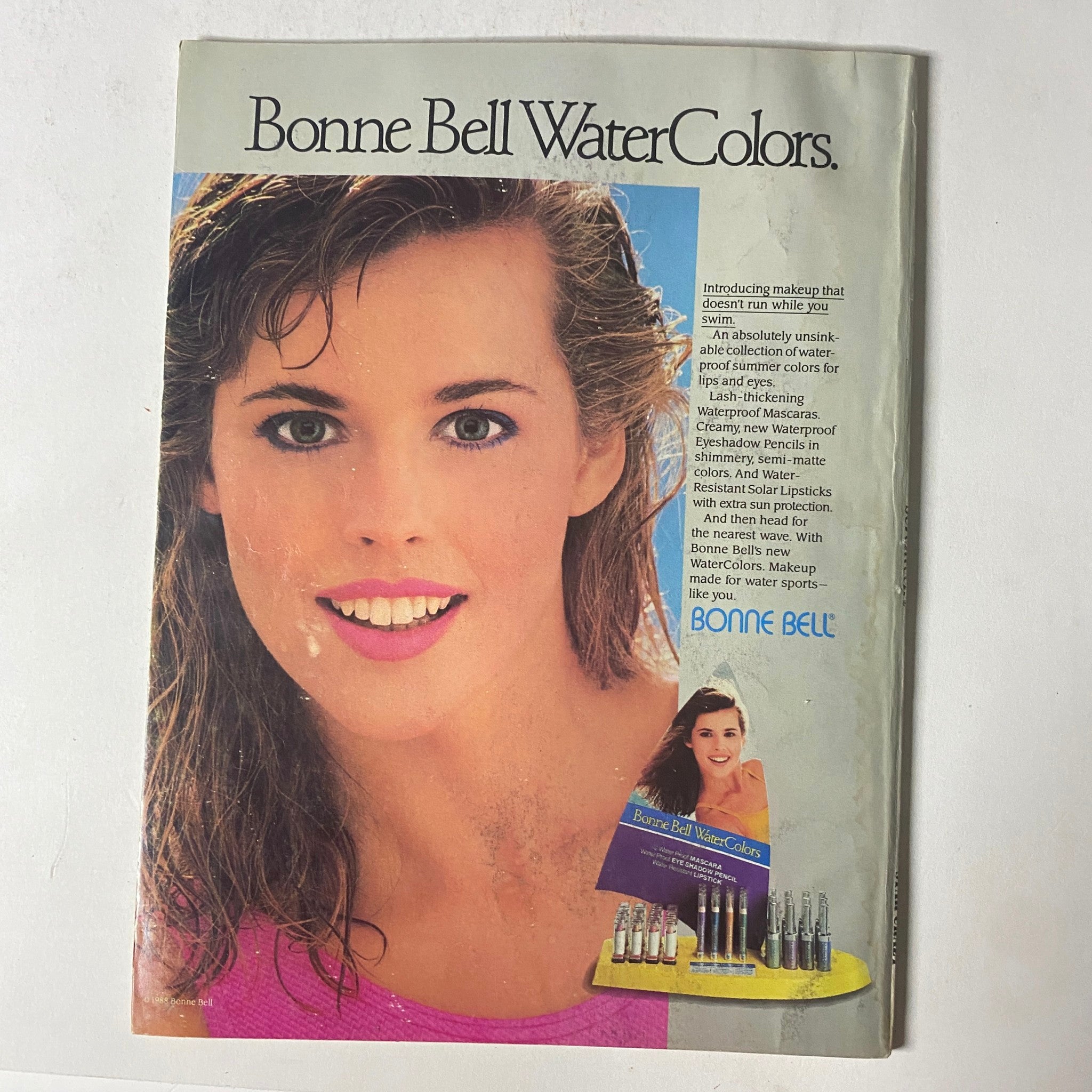 Seventeen Magazine July 1988 The Chynna Syndrome Feature displaying a Bonne Bell Water Colors advertisement with a model promoting vibrant makeup options.