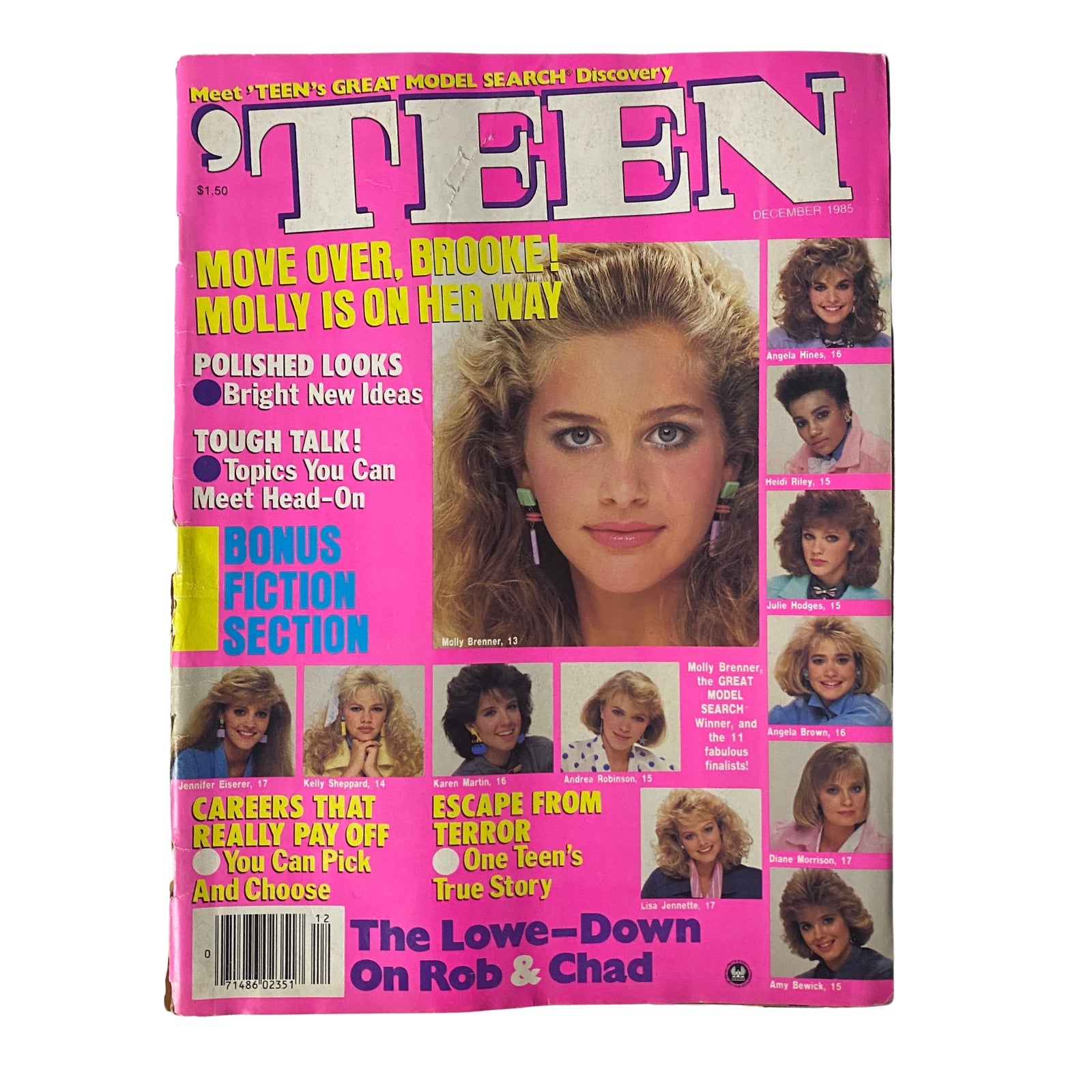 'Teen Magazine December 1985 featuring Molly Brenner on the cover, showcasing 80s fashion and beauty trends, with articles on teen culture and lifestyle.
