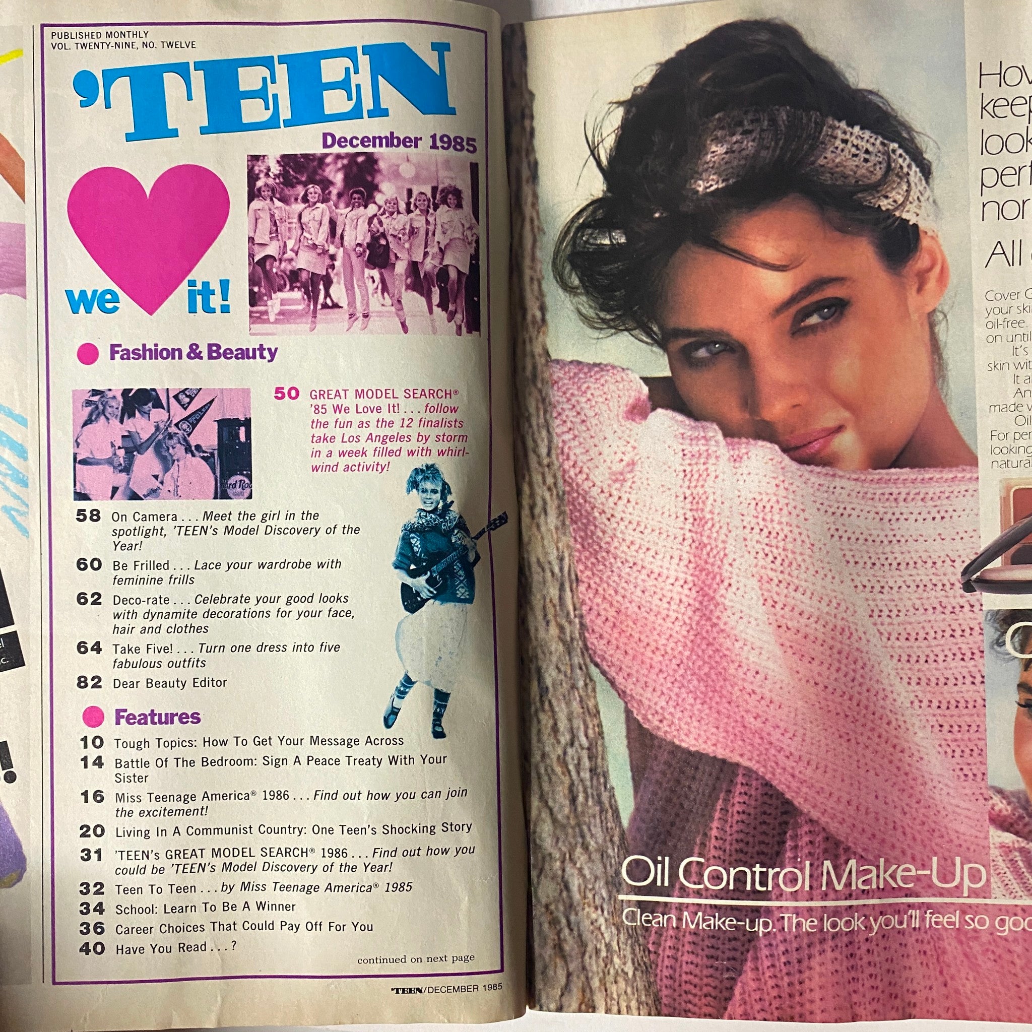 'Teen Magazine December 1985 interior page highlighting fashion, beauty tips, and a feature on the Great Model Search, capturing 1980s teen lifestyle.