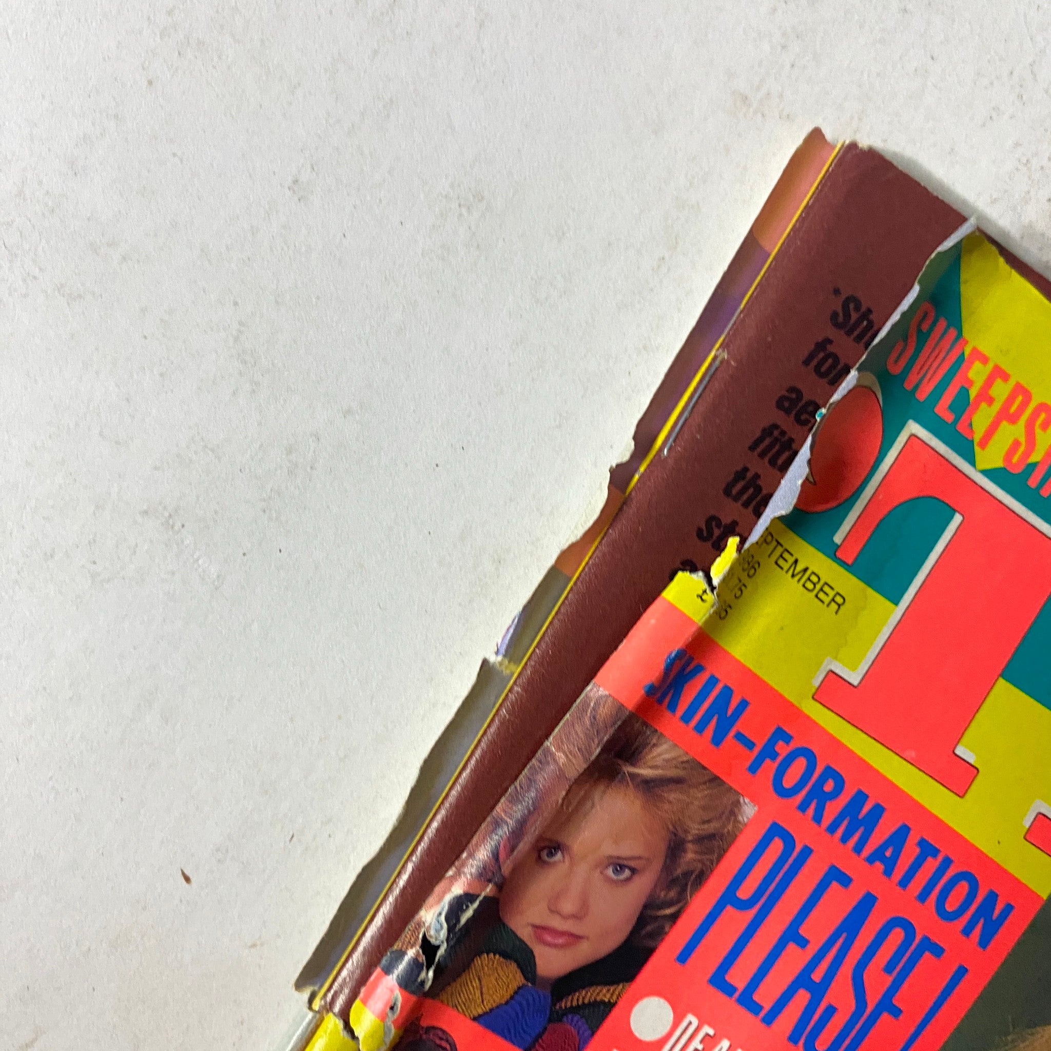 An angled view of the 'Teen Magazine September 1986 Tina Yothers 'A Family Ties', showing light wear and the magazine's title prominently.