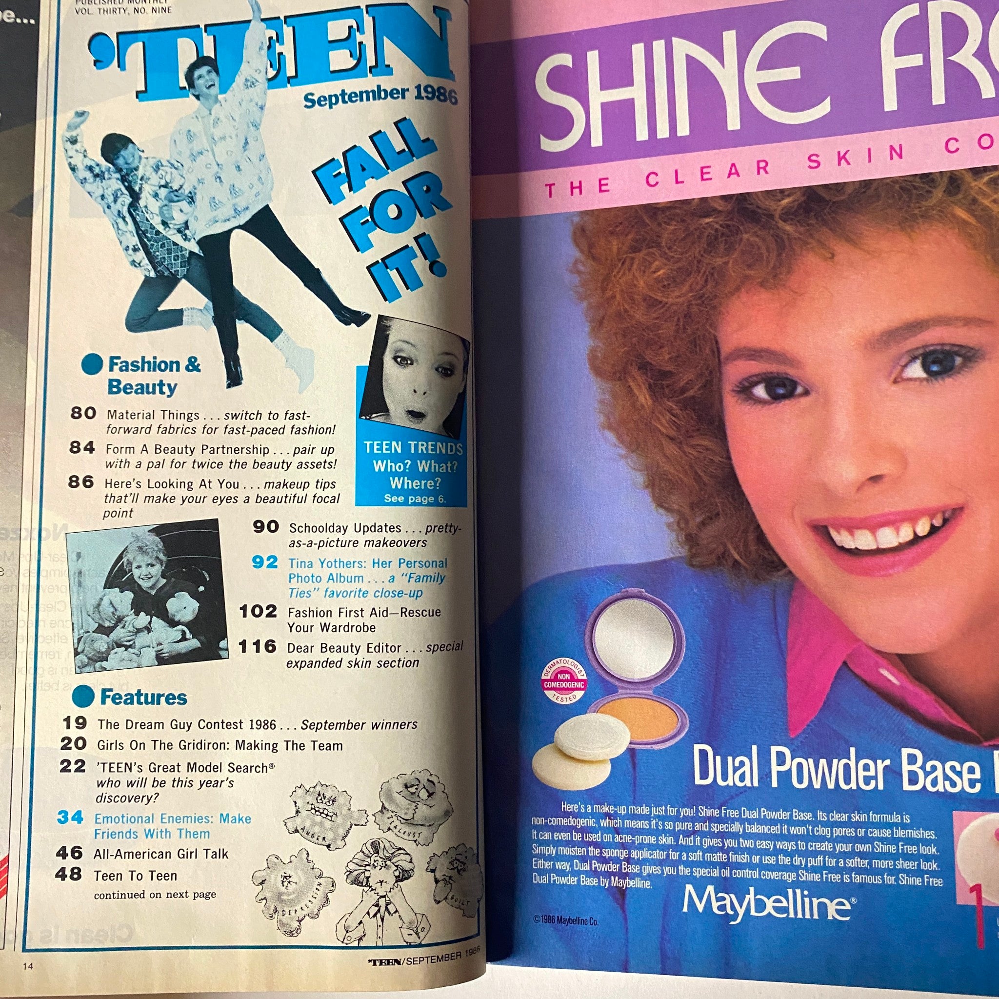 Interior page of 'Teen Magazine September 1986 Tina Yothers 'A Family Ties' highlighting articles on fashion, beauty, and featured content.