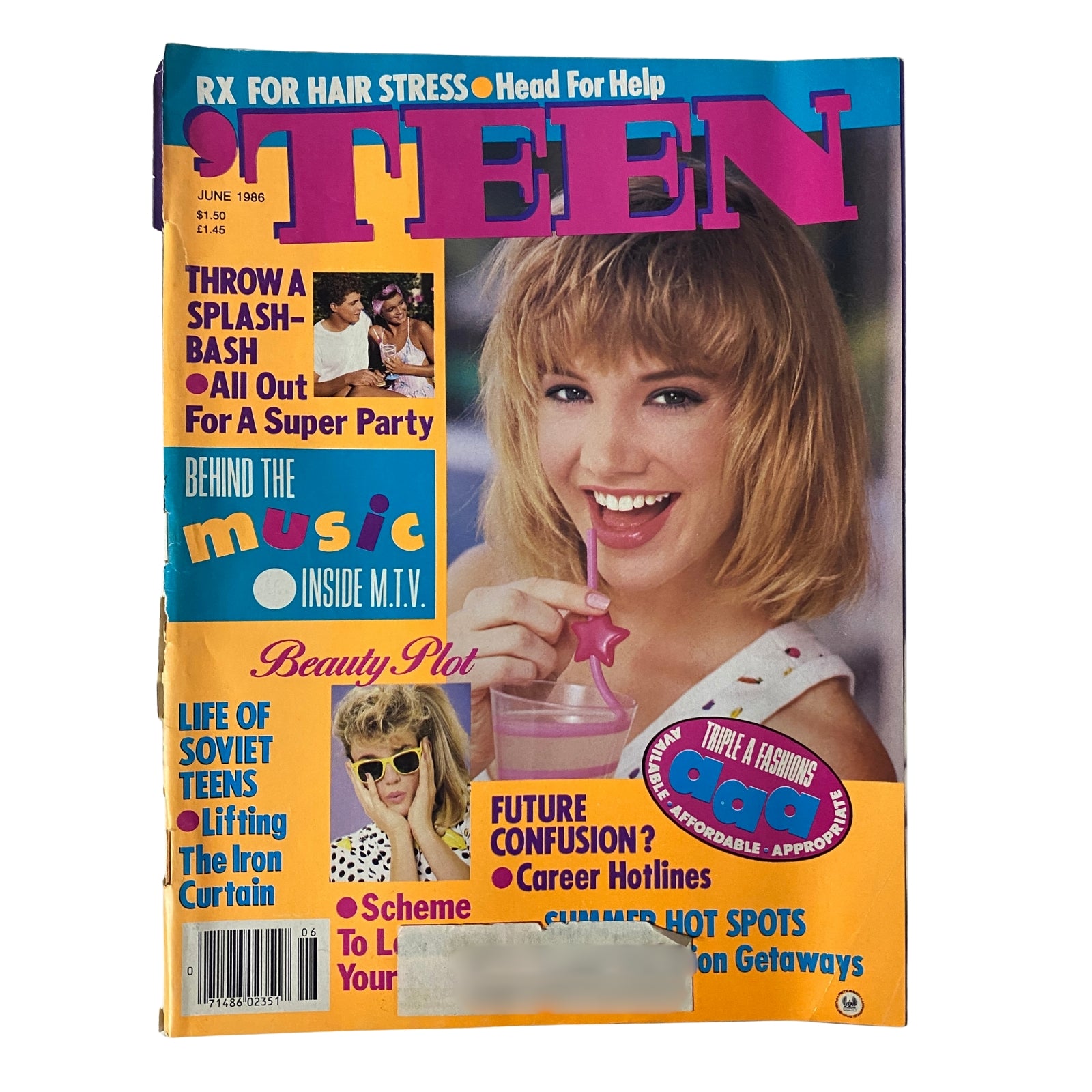 Cover of 'Teen Magazine June 1986 Vol 30 No. 6' featuring a smiling teen girl with a drink and articles about career and party tips.
