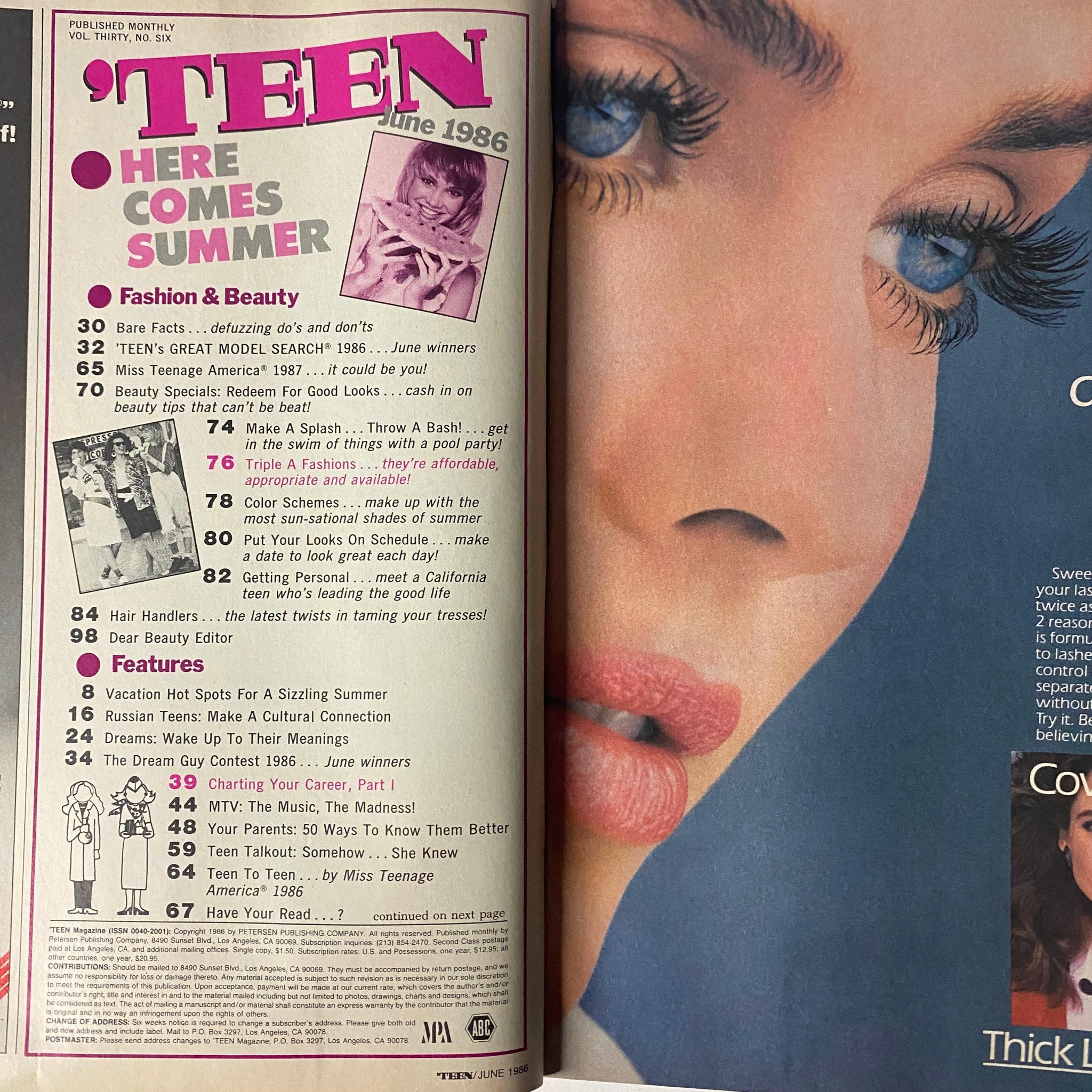 Inside page of 'Teen Magazine June 1986 Vol 30 No. 6' showcasing the table of contents, highlighting fashion, beauty, and featured articles.