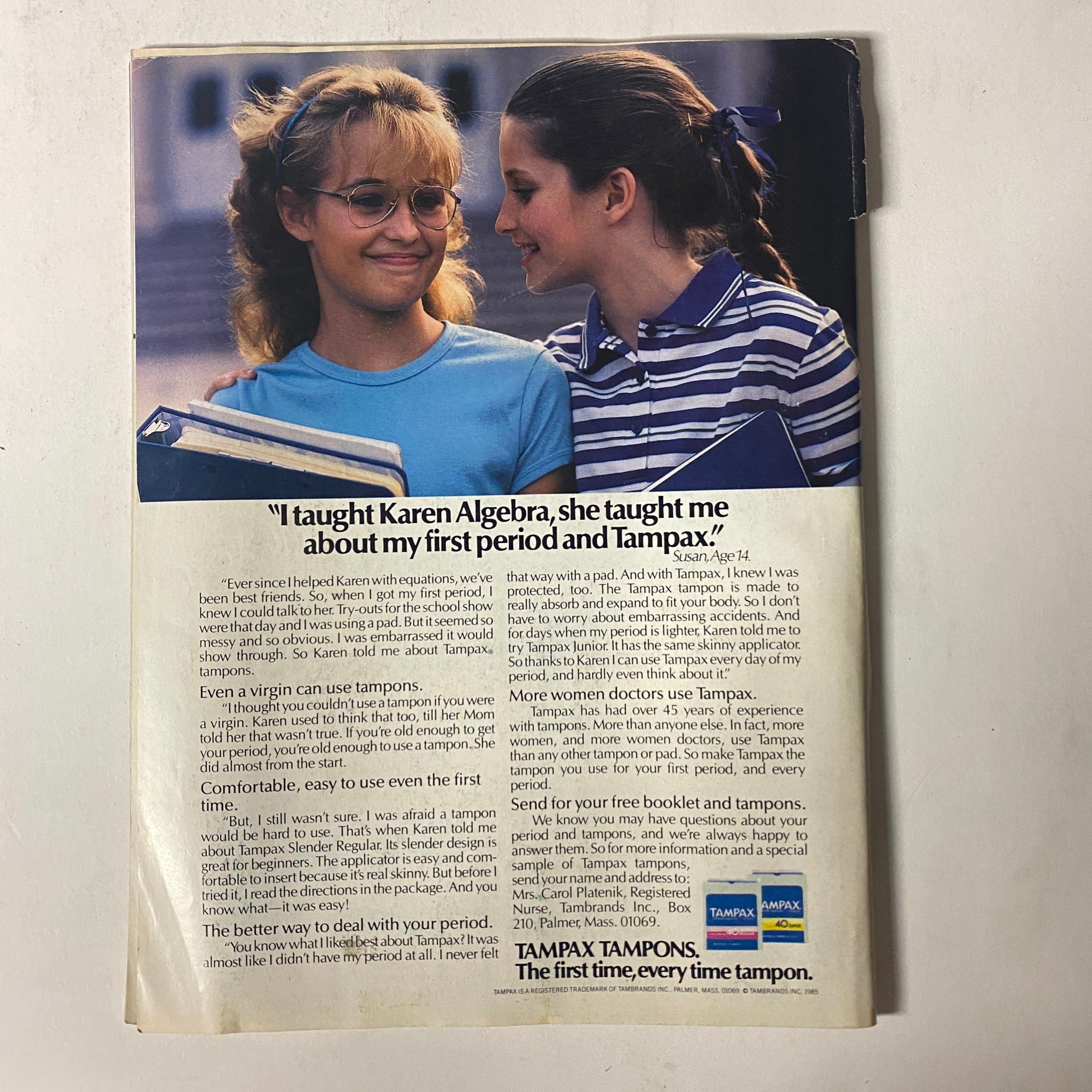 Back cover of 'Teen Magazine June 1986 Vol 30 No. 6' with an advertisement about Tampax, featuring two girls in conversation.