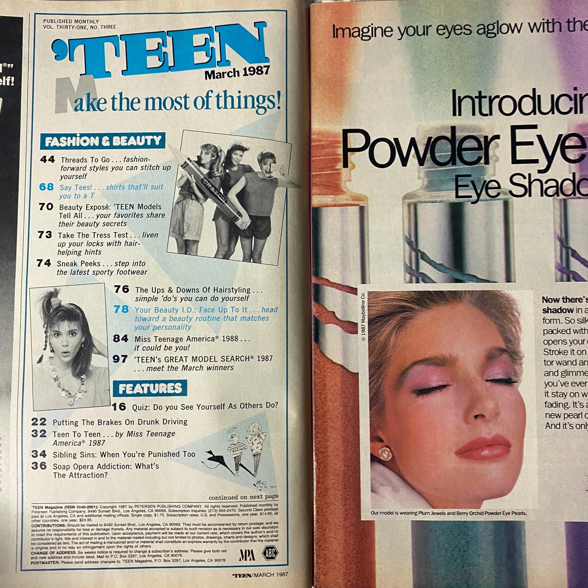 Vintage image from 'Teen Magazine March 1987 featuring fashion and beauty highlights with content about Lea Thompson and Bon Jovi, showcasing the magazine's style tips and features.