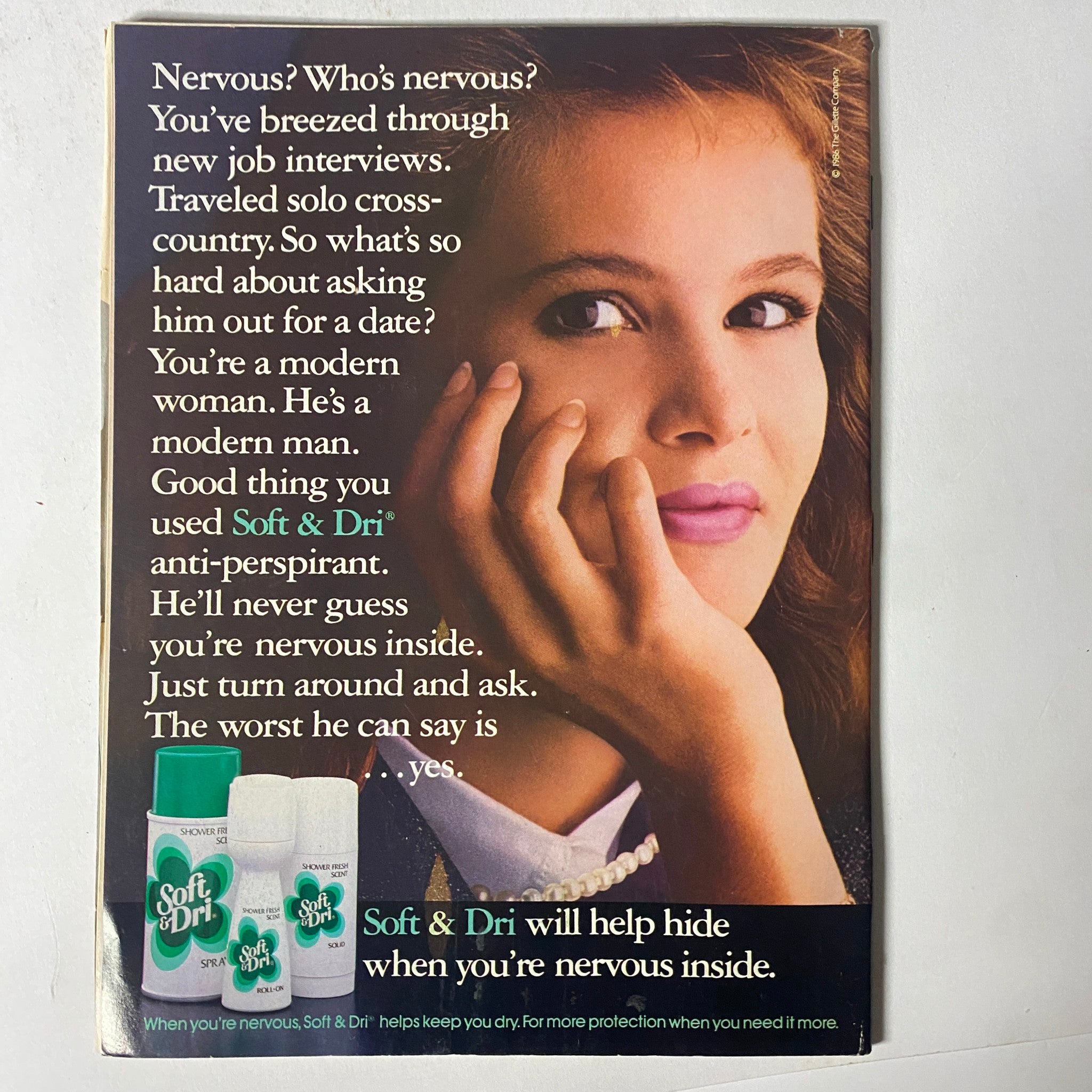 Promotional image from 'Teen Magazine March 1987 featuring a Soft & Dri advertisement with a young woman, emphasizing confidence and beauty in youthful lifestyle.