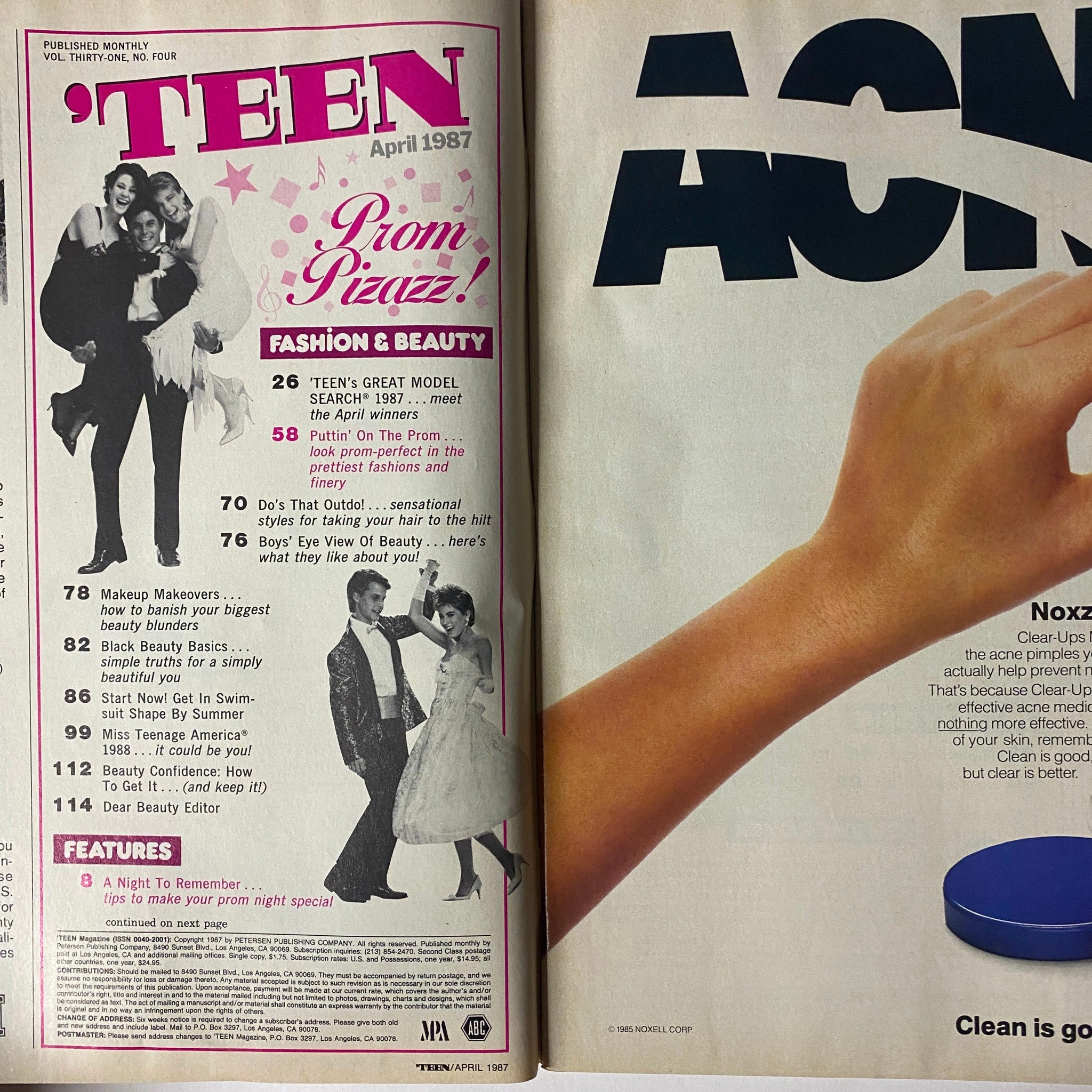 Interior pages of Teen Magazine April 1987 Vol 31 No. 4 showcasing fashion and beauty tips, including a prom feature.