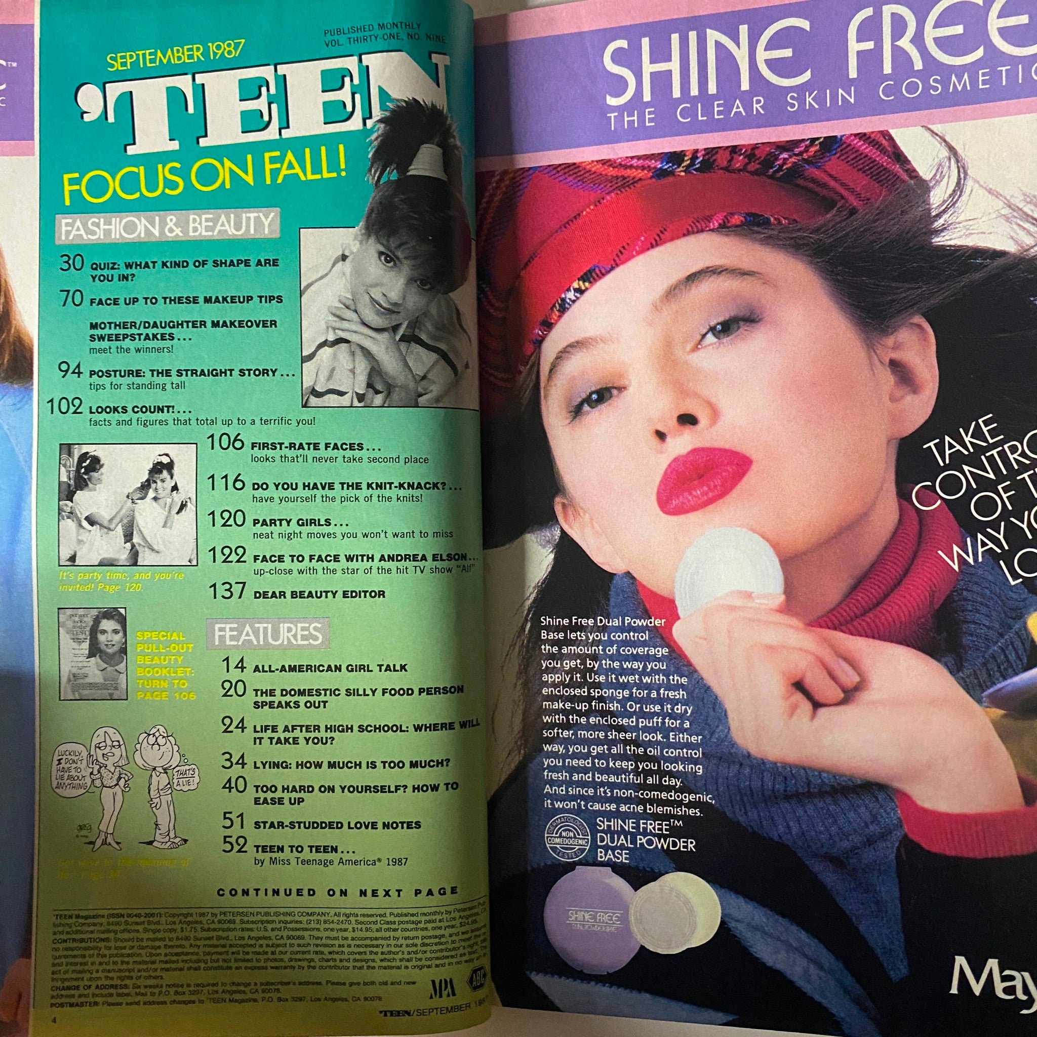 Page from Teen Magazine September 1987 Vol. 31 No. 9 displaying sections on fashion, beauty, and featured articles including quizzes and advice for teens.