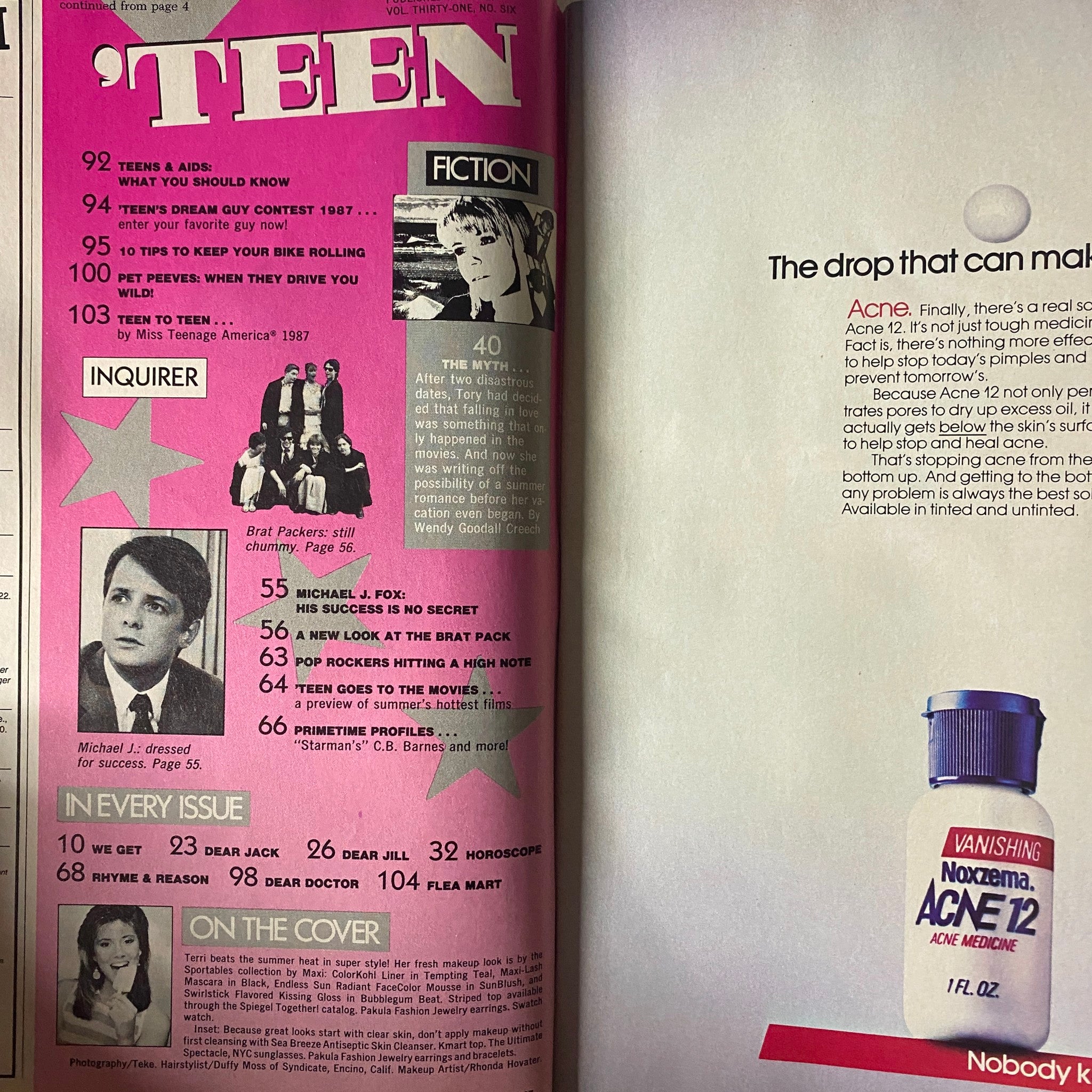 Inside page of Teen Magazine June 1987 Vol. 31 No. 6 displaying the table of contents, featuring Michael J. Fox and highlights including sections on fiction and inquirer topics.