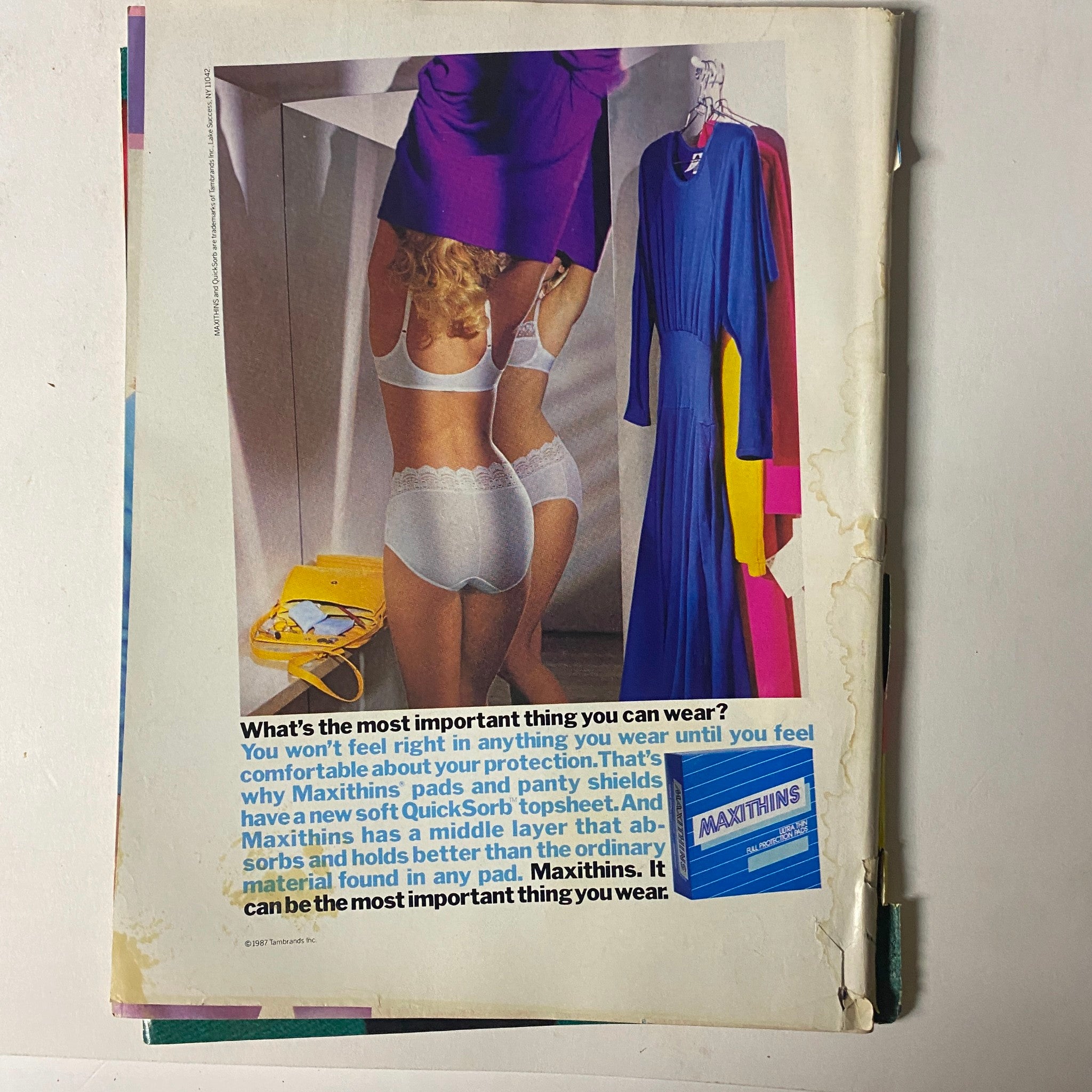 Page from Teen Magazine June 1987 Vol. 31 No. 6 featuring an advertisement for Maxithins underwear, emphasizing the importance of comfort and protection in women's undergarments.