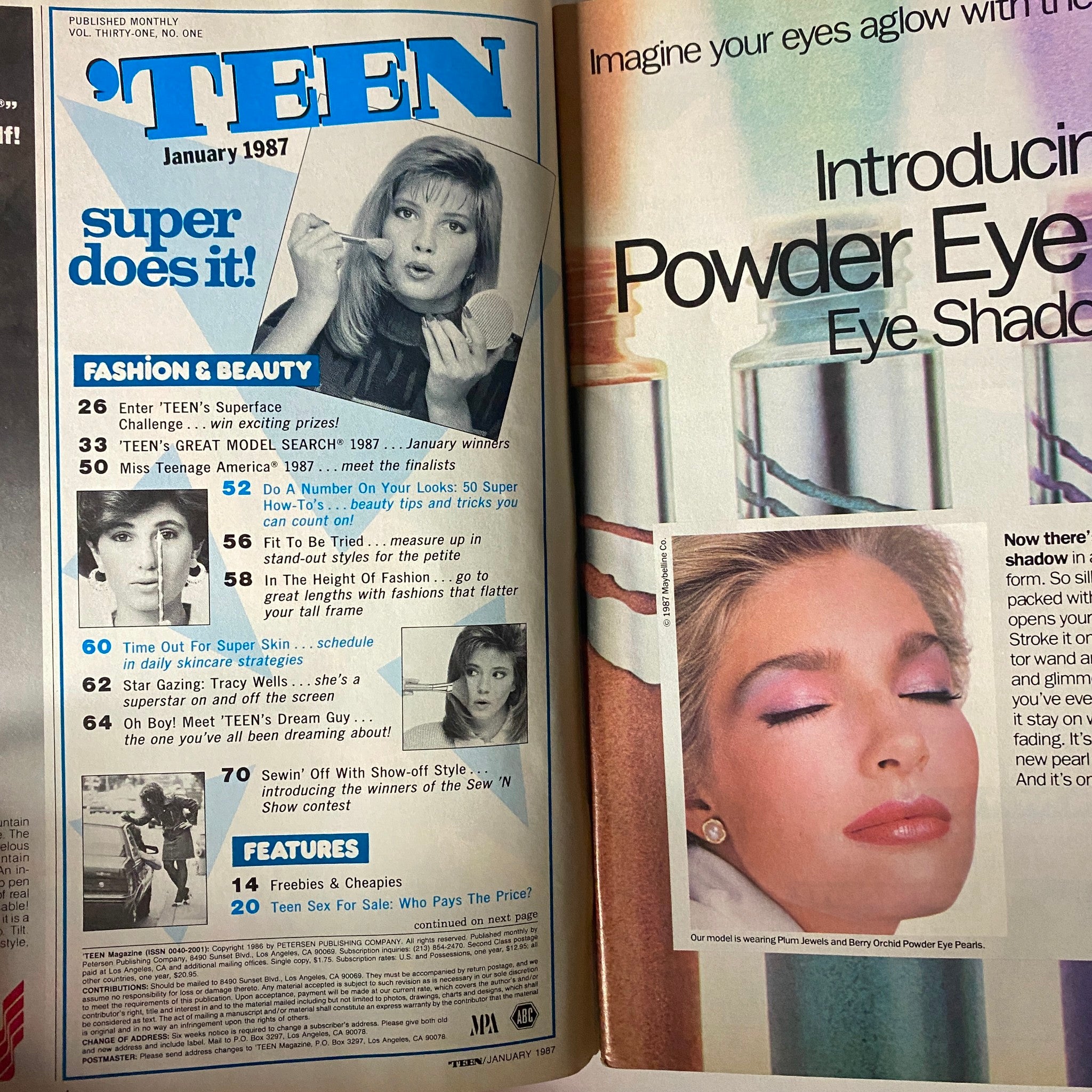 Teen Magazine January 1987 Vol. 31 No. 1 featuring Val Kilmer and a fashion advertisement showcasing beauty tips. The magazine includes sections like 'Superface Challenge' and 'Teen Sex for Sale.'