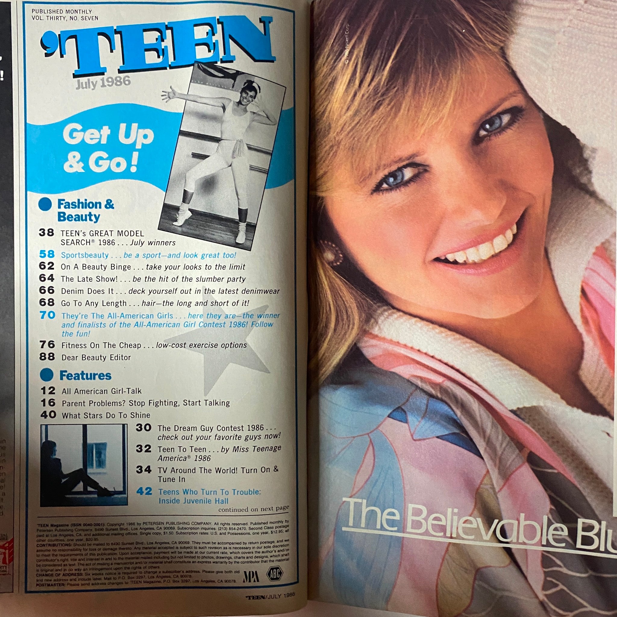 Interior page of Teen Magazine July 1986 Vol 30 No. 7 showcasing the table of contents and a smiling blonde girl, emphasizing fashion, beauty, and articles for teens.