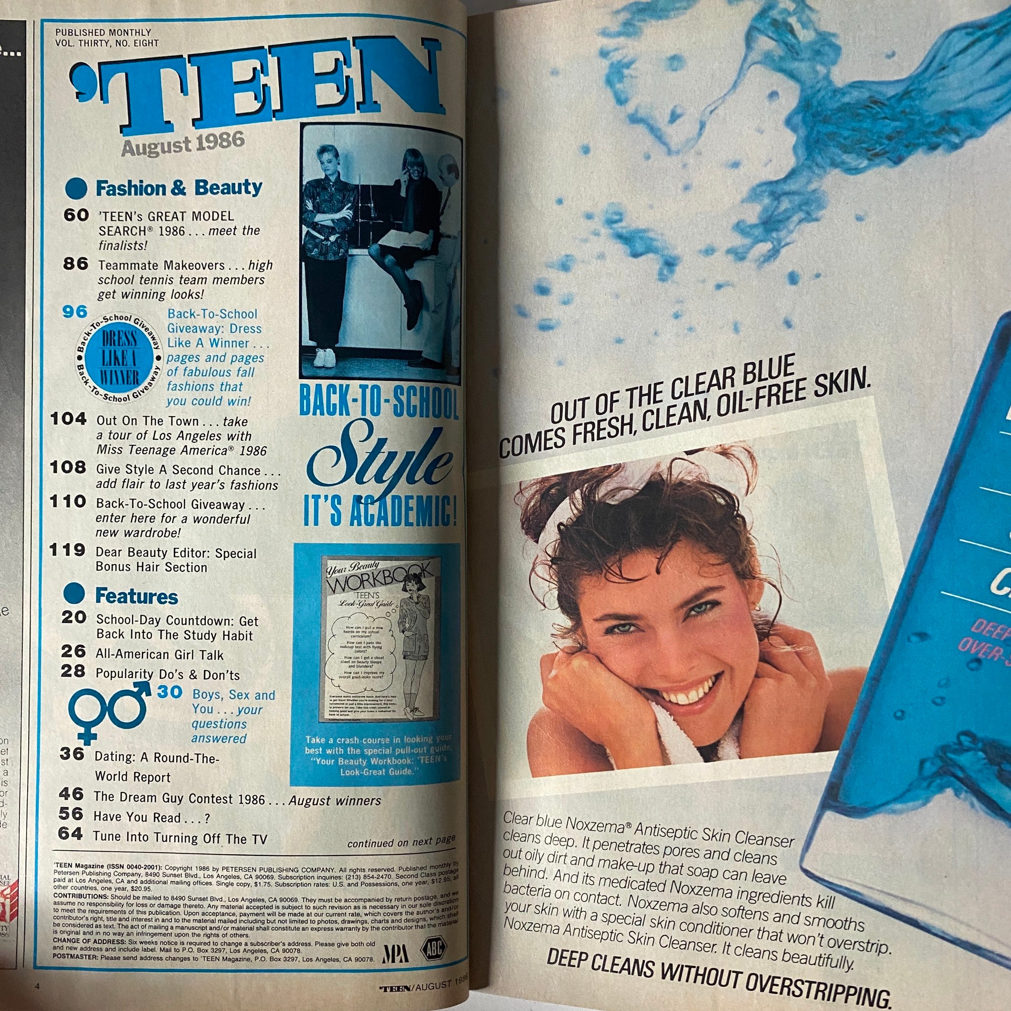 Interior page from Teen Magazine August 1986 Vol. 30 No. 8 highlighting fashion and beauty features, including a promotional section for skin care products.