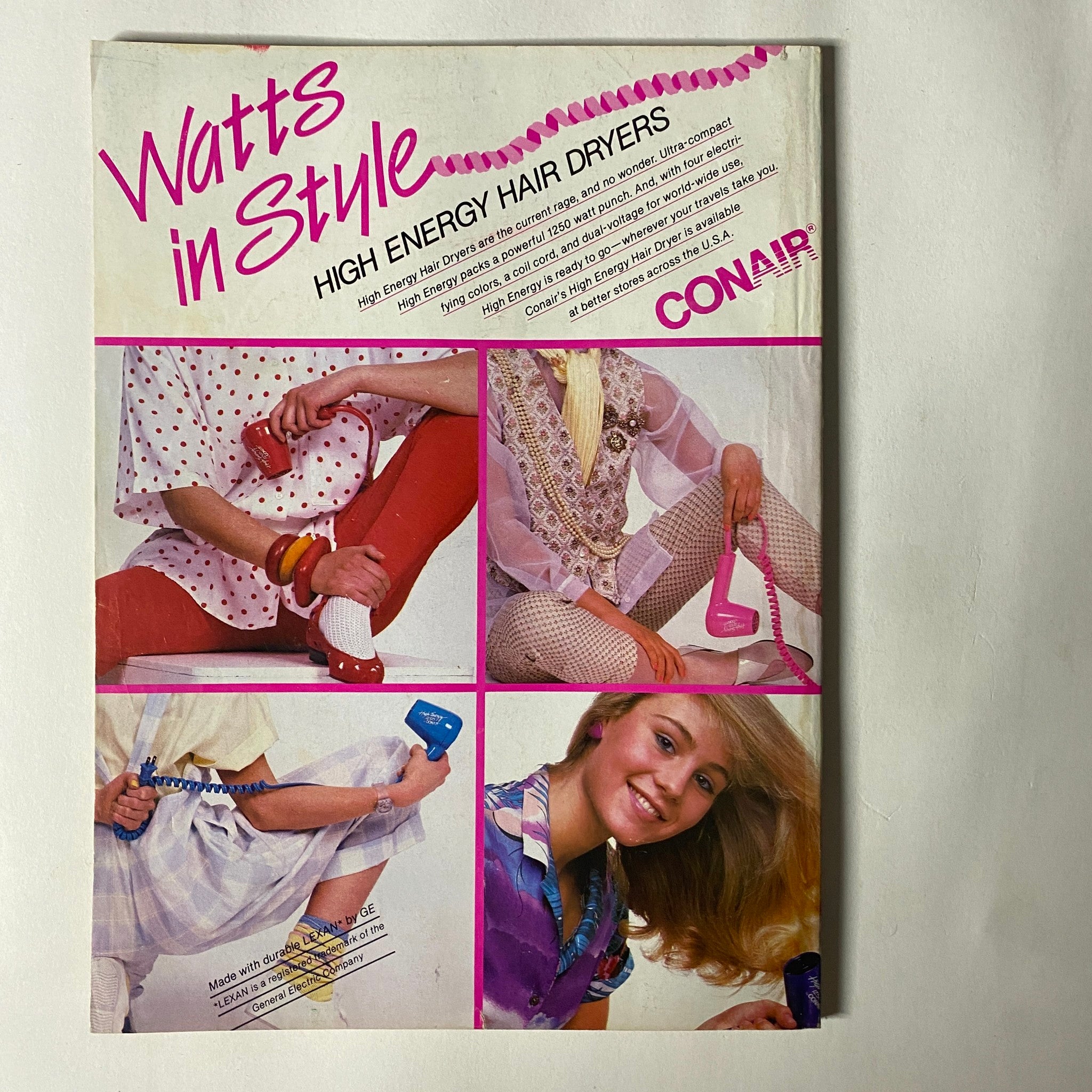 Watts in Style promotional brochure featuring Conair high energy hair dryers, showcasing trendy hairstyles suitable for the 1986 fashion scene.