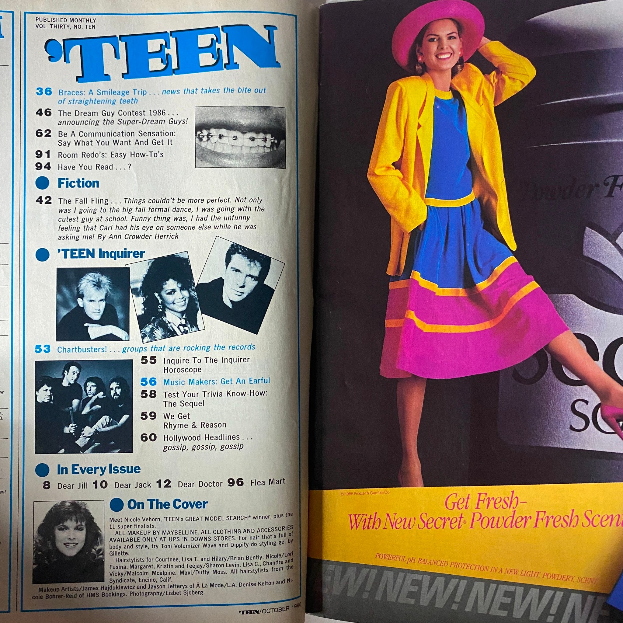 Inside page of Teen Magazine October 1986 Vol 30 No. 10, displaying the table of contents with features and articles such as fashion tips and creative fiction.