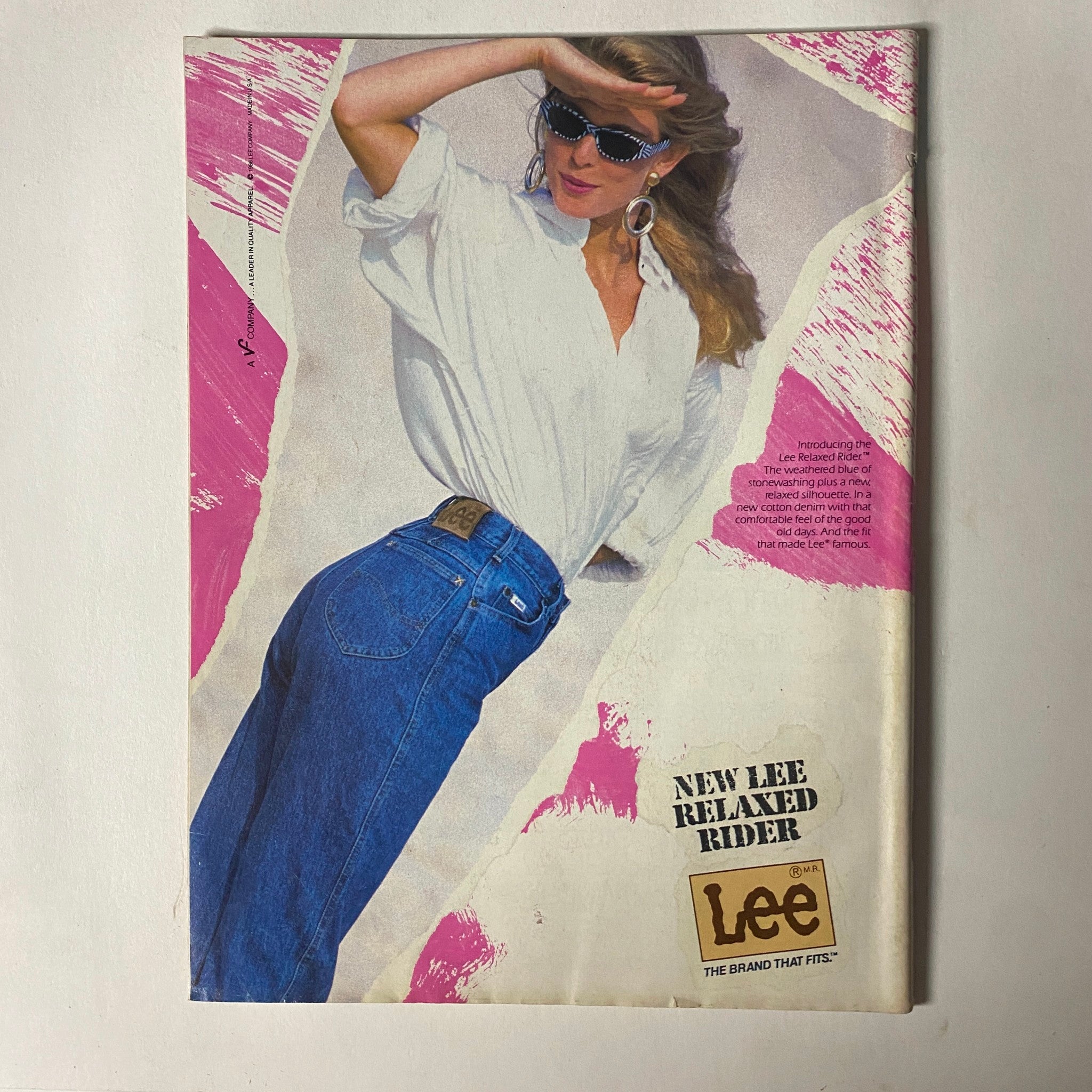 Back cover of Teen Magazine October 1986 Vol 30 No. 10 advertising new Lee relaxed rider jeans, highlighting a stylish model in vintage attire.
