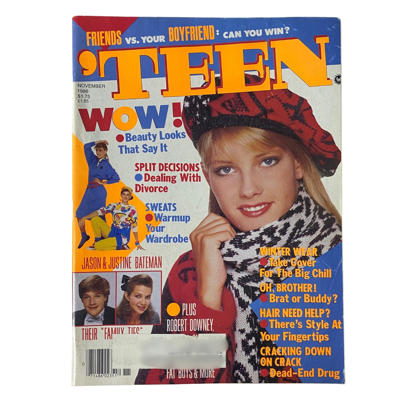 Teen Magazine November 1986 Vol 30 No 11 featuring Jason and Justine Bateman on the cover, showcasing fashion and beauty tips and the magazine's vintage 1980s aesthetic.