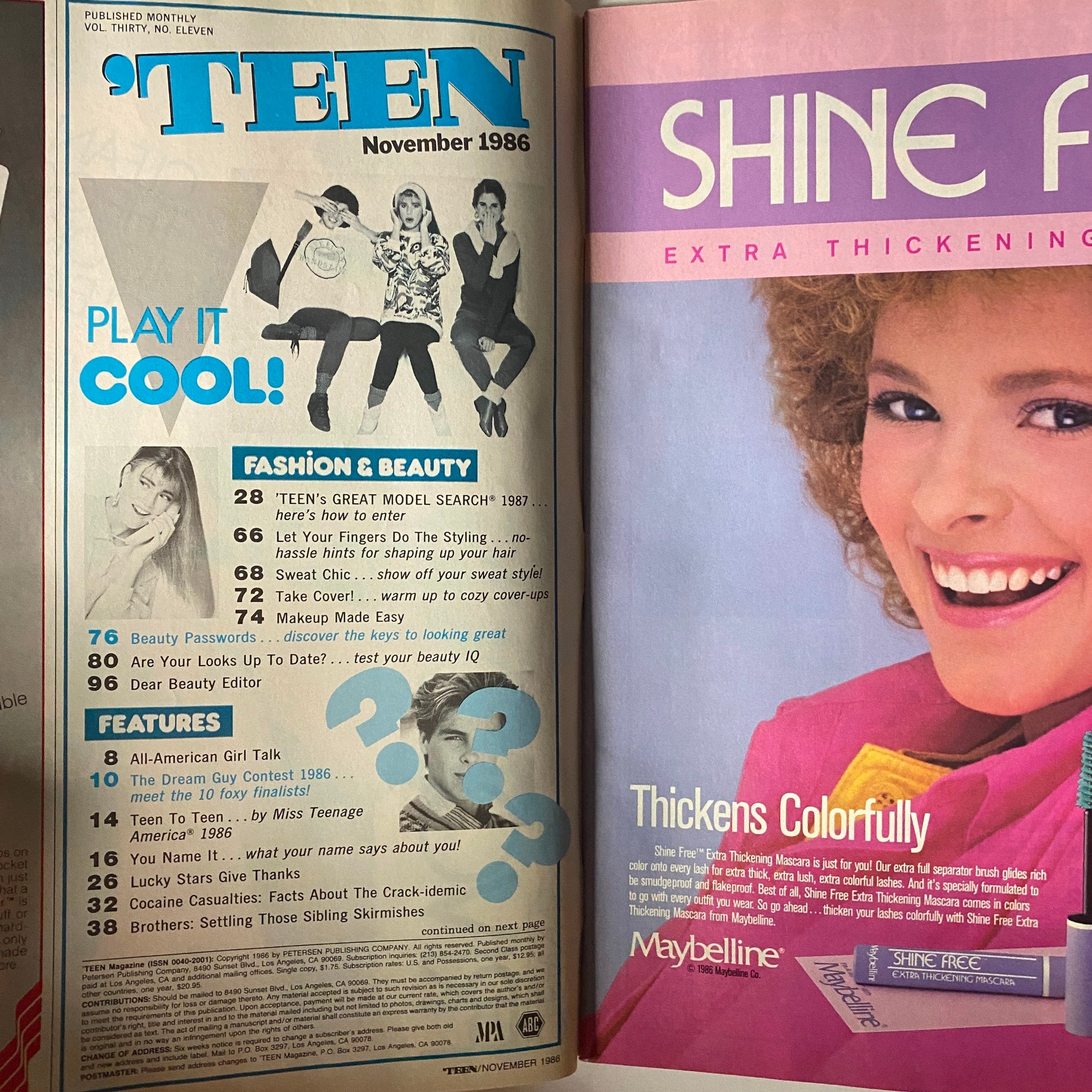 Interior page of Teen Magazine November 1986 showcasing a fashion and beauty section, including highlights like 'Teen’s Great Model Search' and features like 'All-American Girl Talk'.