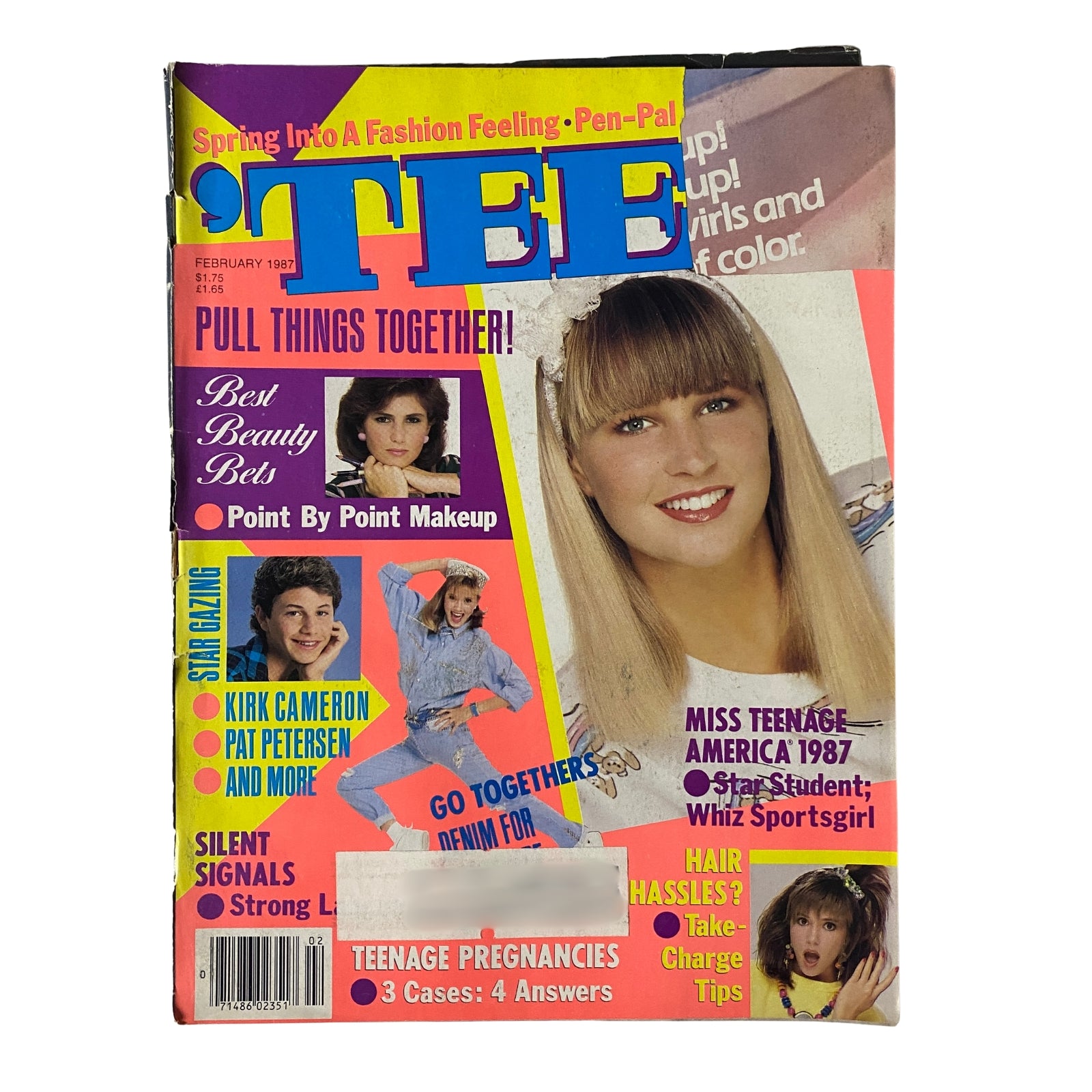 Teen Magazine February 1987 Volume 31 Number 2 featuring Kirk Cameron and Pat Petersen on the cover, highlighting beauty tips and fashion trends.