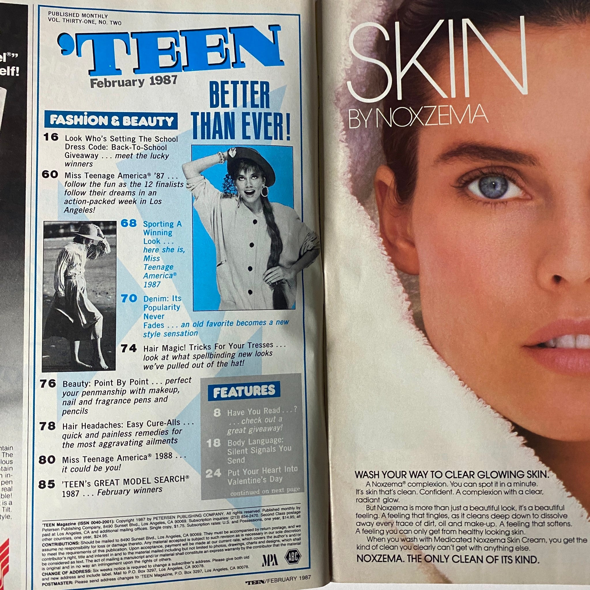 Interior page from Teen Magazine February 1987 detailing fashion and beauty features including Miss Teenage America 1987 and style tips for teenagers.