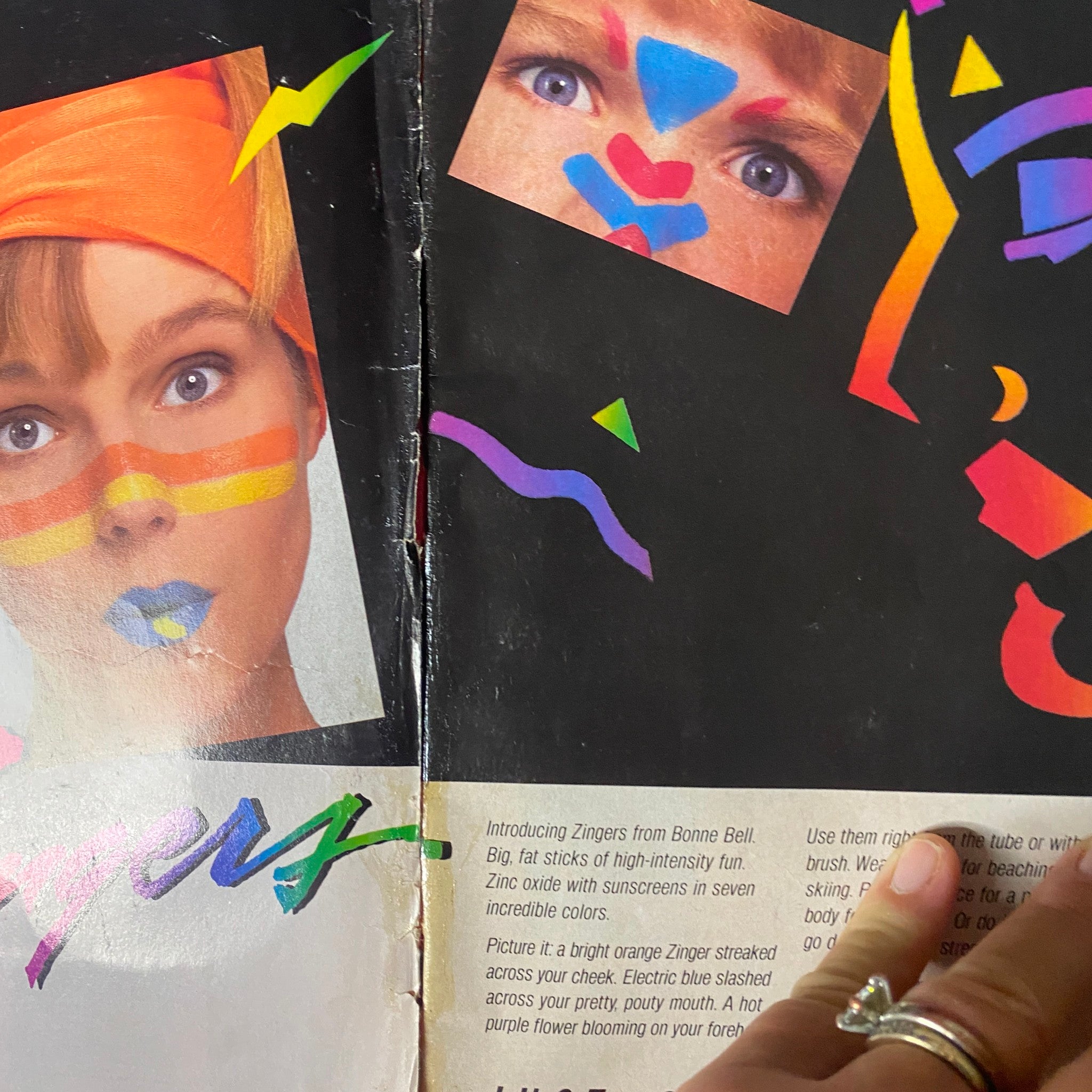 Inside page of Teen Magazine May 1987 showcasing colorful face paint products from Bonne Bell, illustrating beauty trends of the time.