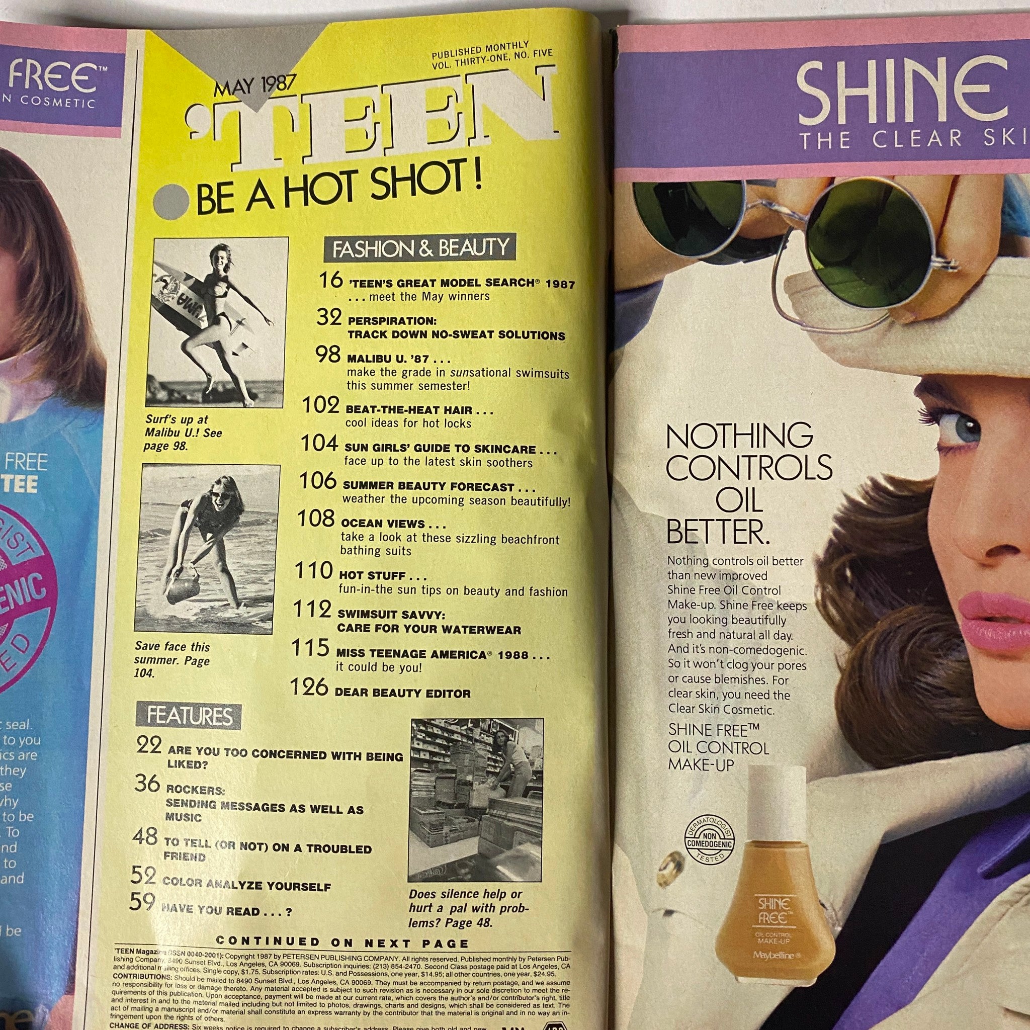 Teen Magazine May 1987 page showcasing fashion and beauty articles including topics on summer styles and skincare. Highlights include 'Beat-the-Heat Hair' and 'Miss Teenage America 1988' features.