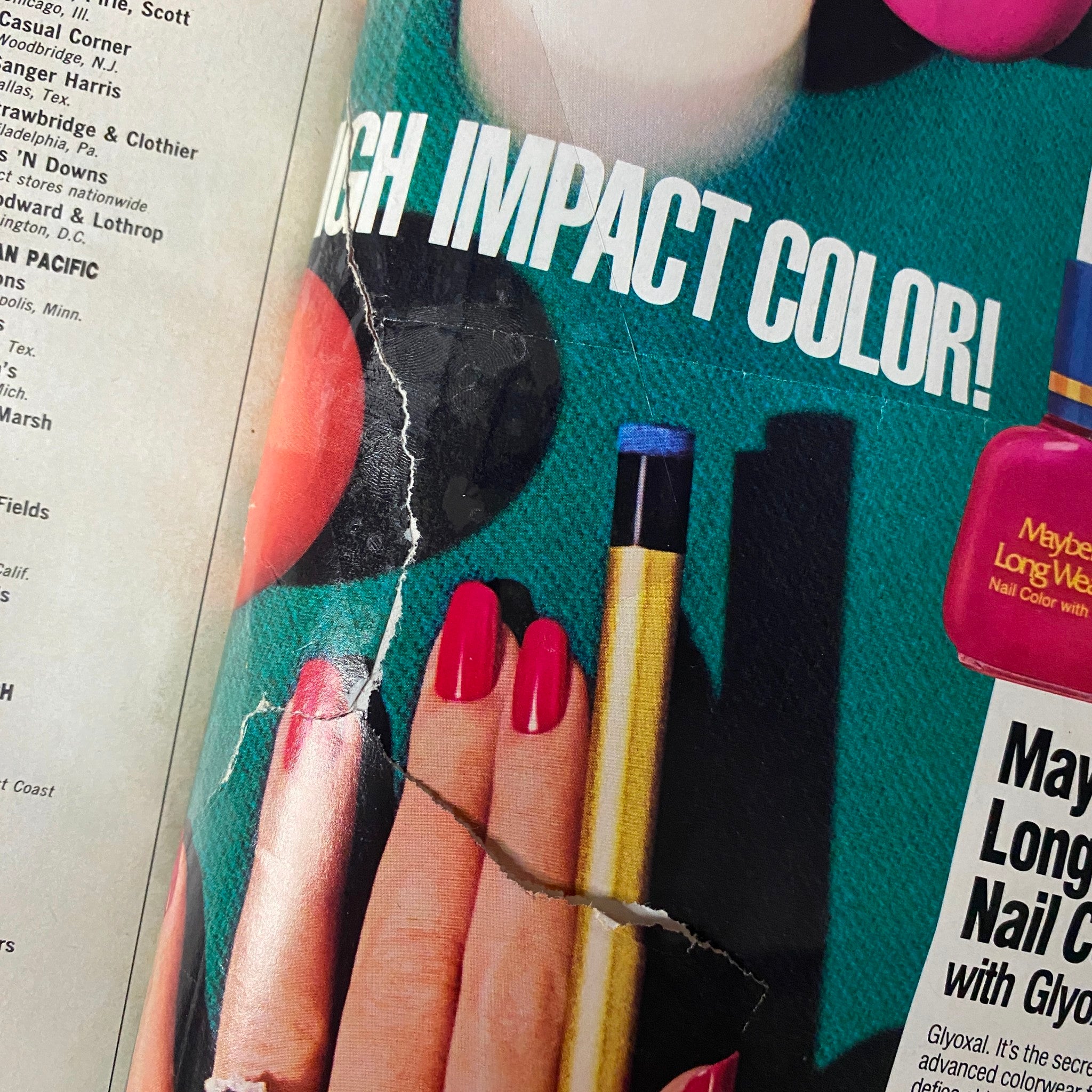 Advertisement from Teen Magazine May 1987 featuring colorful nail polish products with a focus on vibrant colors and beauty trends. The page shows visible wear and damage.