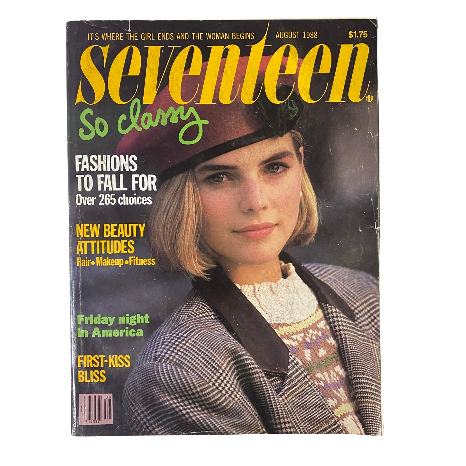Cover of Seventeen Magazine August 1988 titled 'Fashions To Fall For - Over 265 Choices', featuring a model with a bob haircut wearing a brown beret and sweater, emphasizing beauty and fashion trends of the late 1980s.