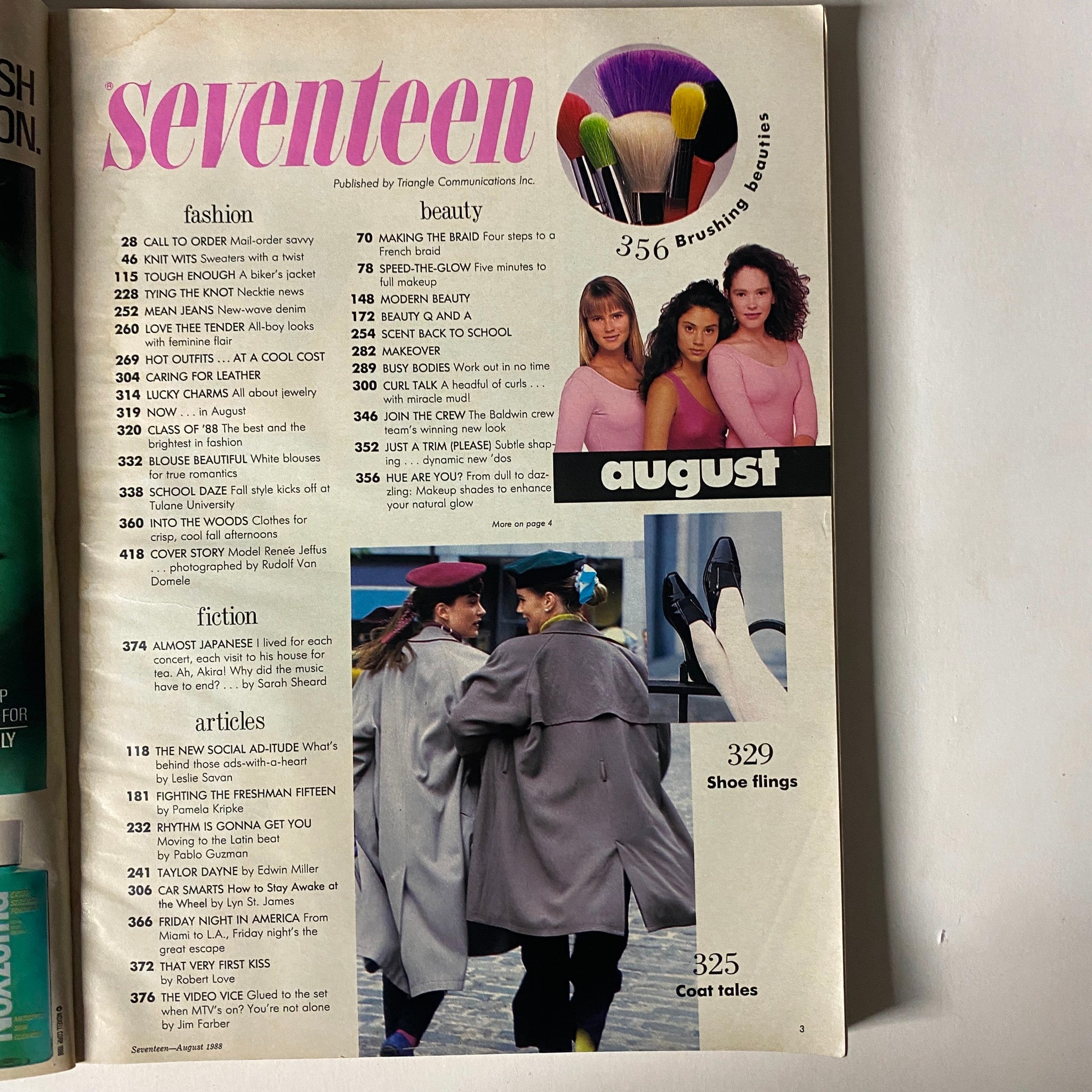 Seventeen Magazine August 1988 cover featuring the theme 'Fashions To Fall For.' Highlights include various fashion styles and beauty tips, along with features on school fashion and makeup advice.