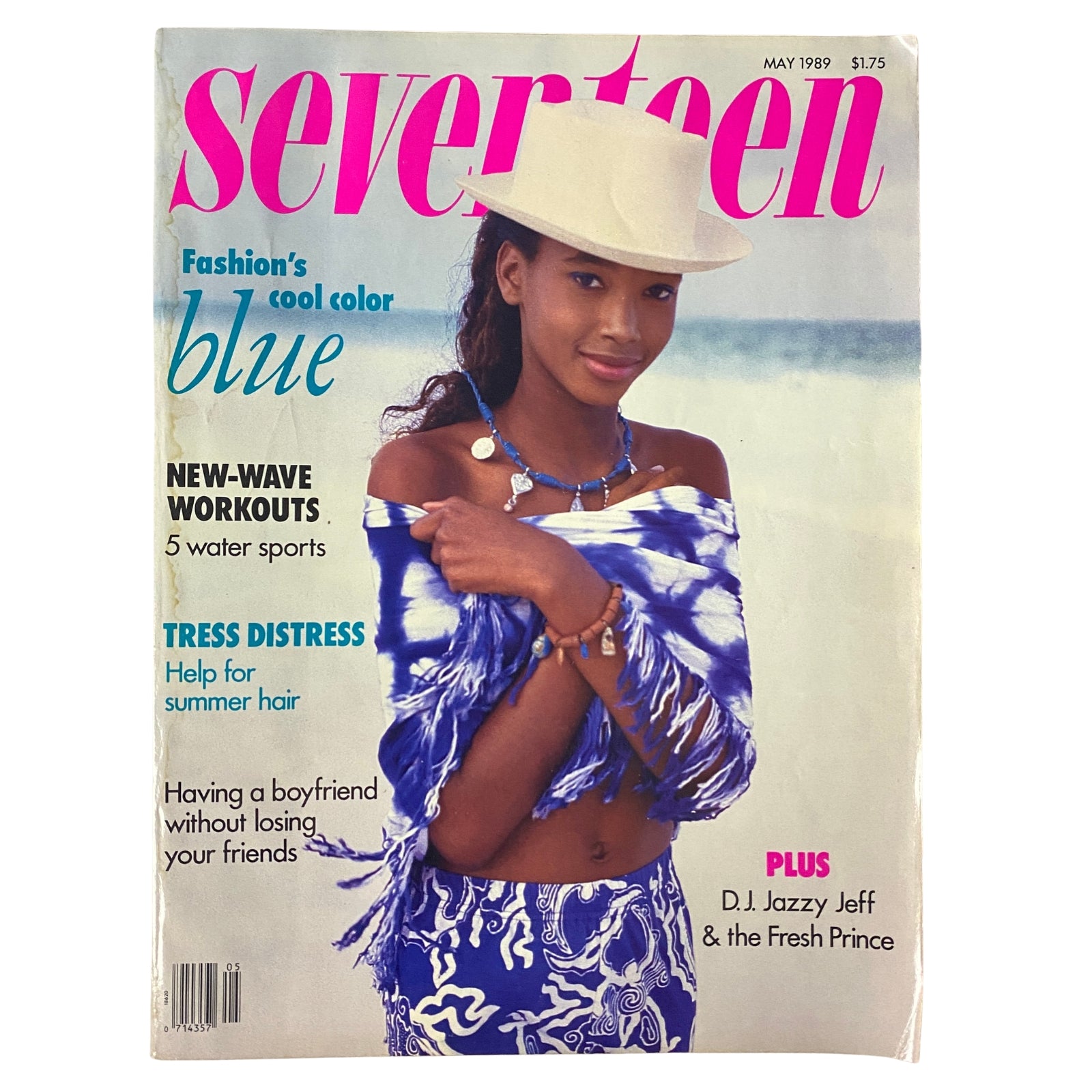 Cover of Seventeen Magazine May 1989 featuring a model in a stylish blue outfit and hat, with a feature on D.J. Jazzy Jeff & The Fresh Prince, highlighting fashion trends and summer workouts.