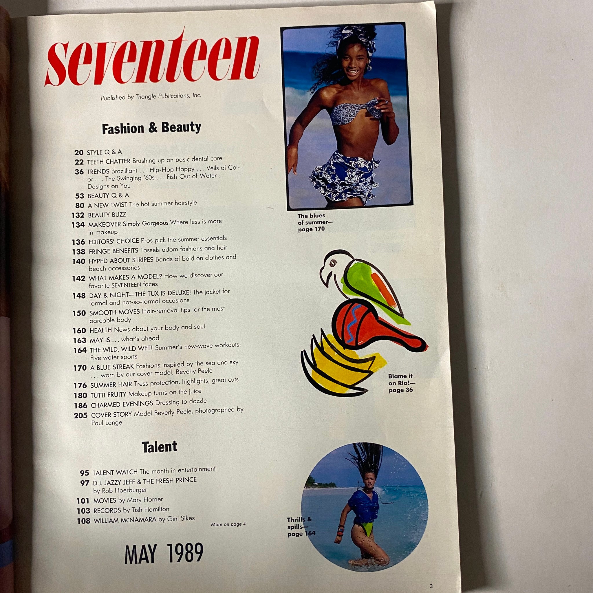 Seventeen Magazine May 1989 featuring a talent watch section with D.J. Jazzy Jeff & The Fresh Prince, alongside a fashion and beauty table of contents. The image shows vibrant colors and a cover model in swimwear.