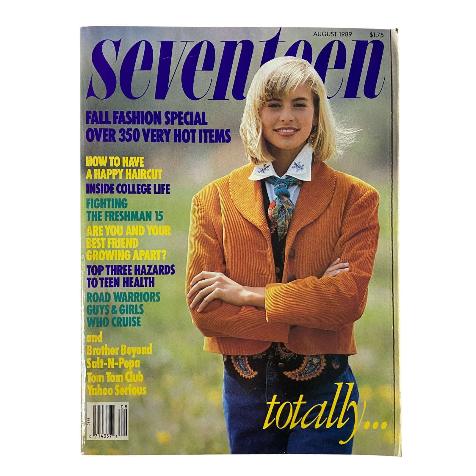 Cover of Seventeen Magazine August 1989 featuring the theme 'Road Warriors: Guys & Girls Who Cruise'. The cover displays a model in a stylish orange blazer with a floral shirt, embodying late-1980s fashion trends, along with headlines about fashion, college life, and youth culture.