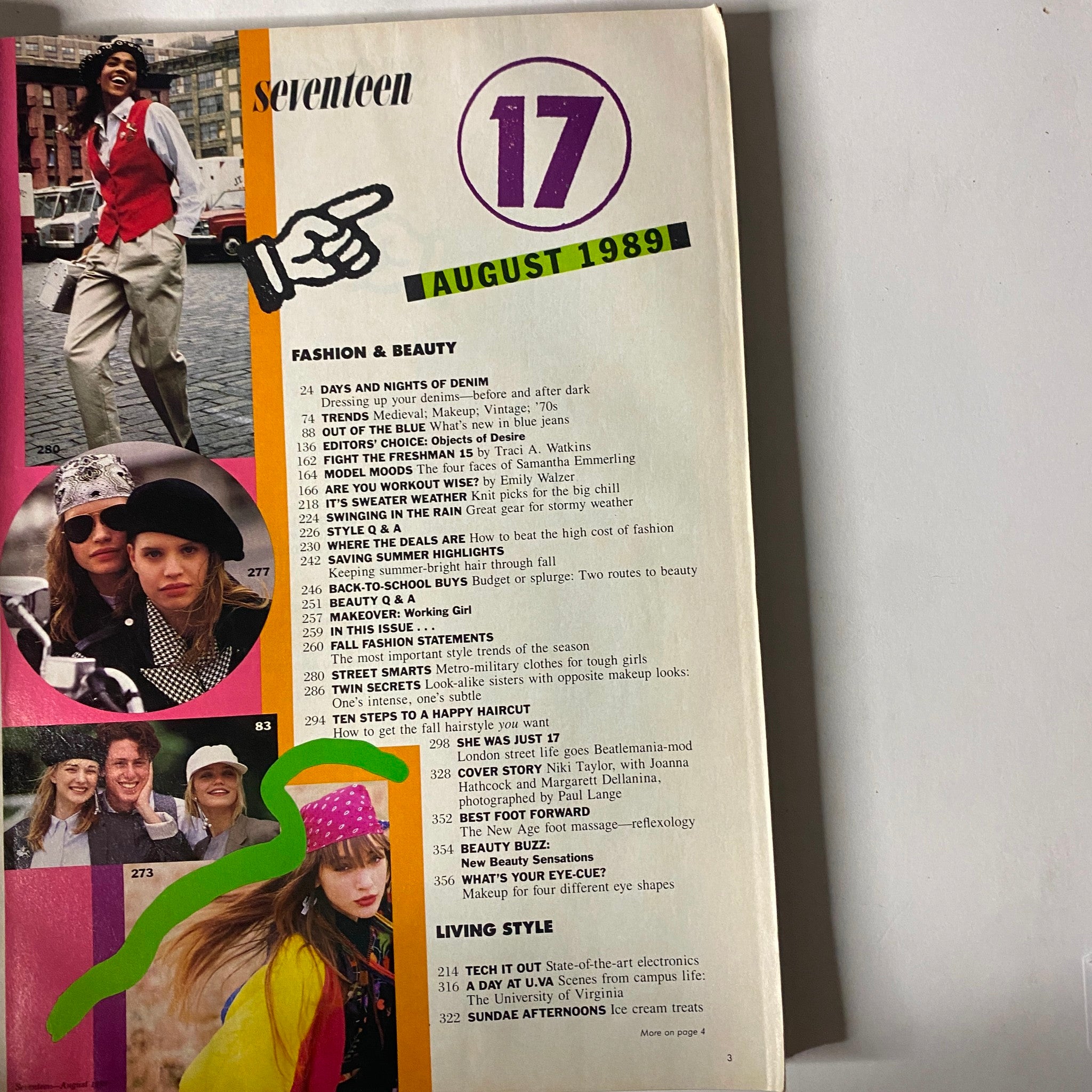 Page from Seventeen Magazine August 1989 featuring fashion and beauty table of contents, highlighting themes like denim trends and fall fashion statements.