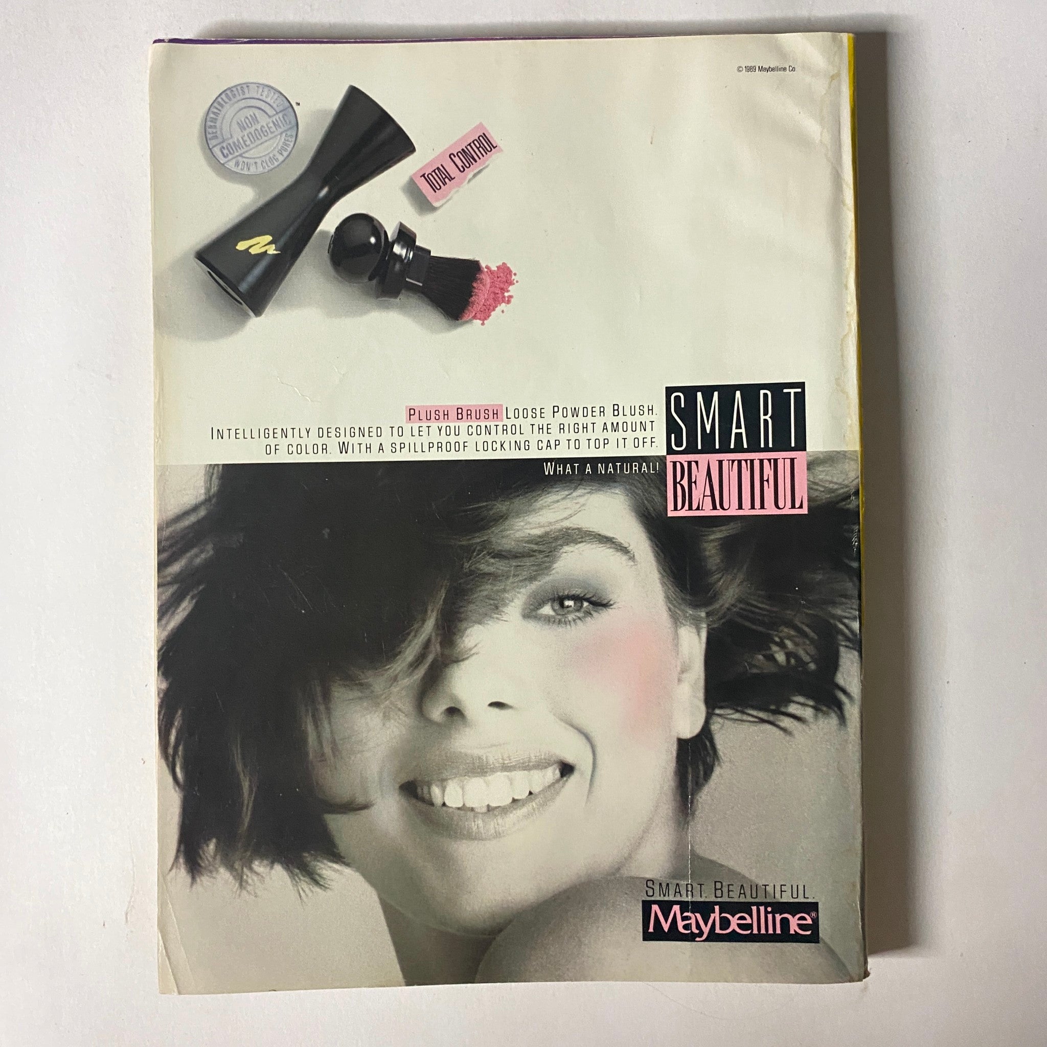 Cover of Seventeen Magazine August 1989 displaying Maybelline advertisement featuring a model with stylish hair and makeup, promoting beauty products.