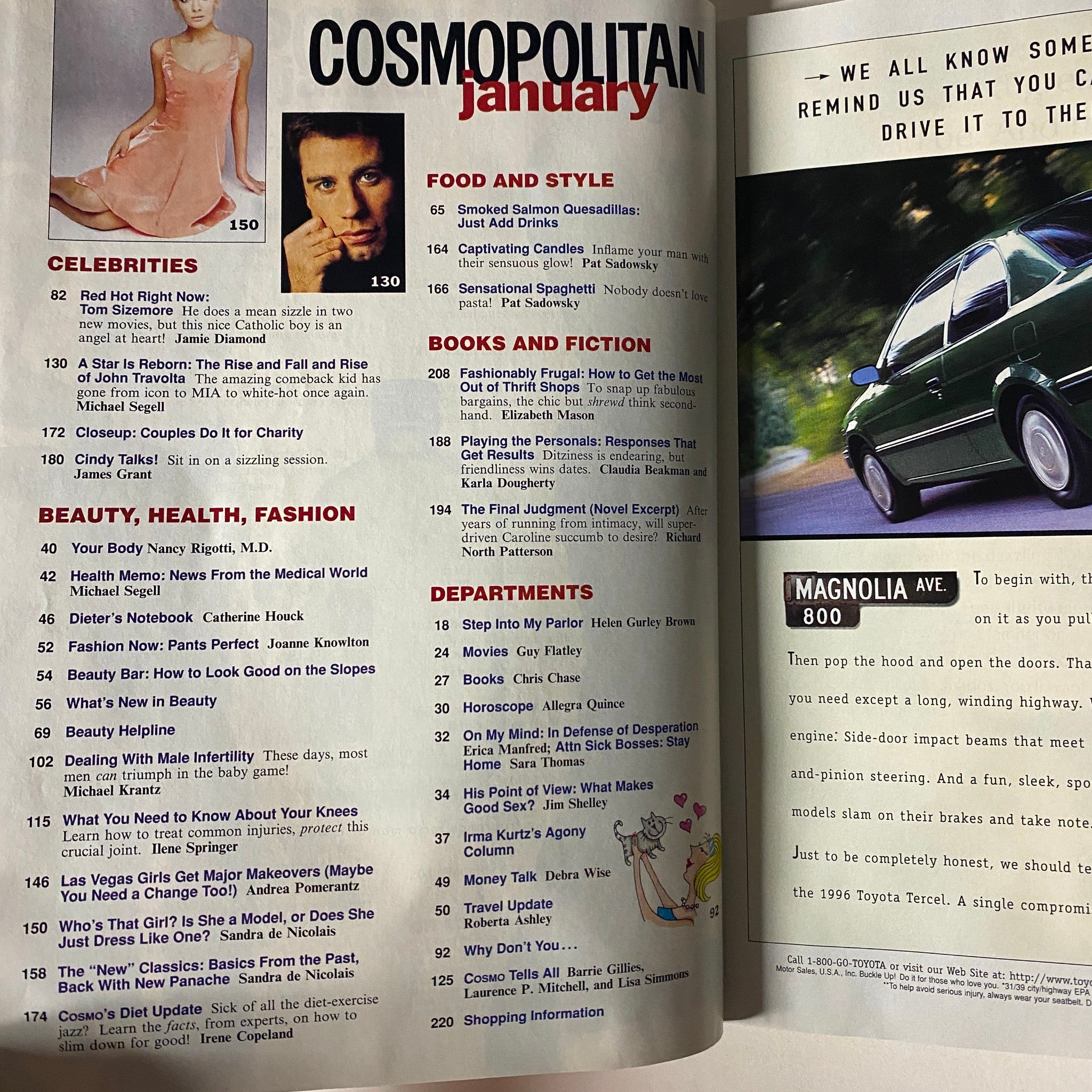 Inside page of Cosmopolitan Magazine January 1996, highlighting various celebrity features, health tips, and lifestyle articles. The magazine provides insights into beauty, fashion, food, and style.
