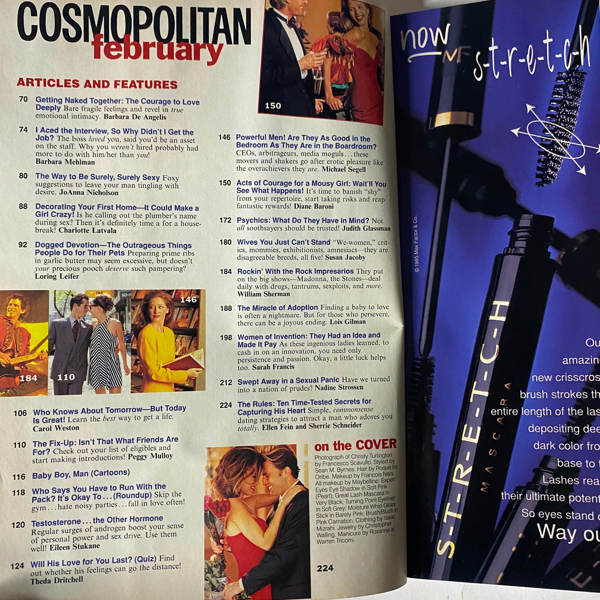 Inside view of Cosmopolitan Magazine February 1995 showing the table of contents with features on love, confidence, and lifestyle, highlighting articles such as 'Powerful Men!' and 'Acts of Courage for a Mousy Girl'.