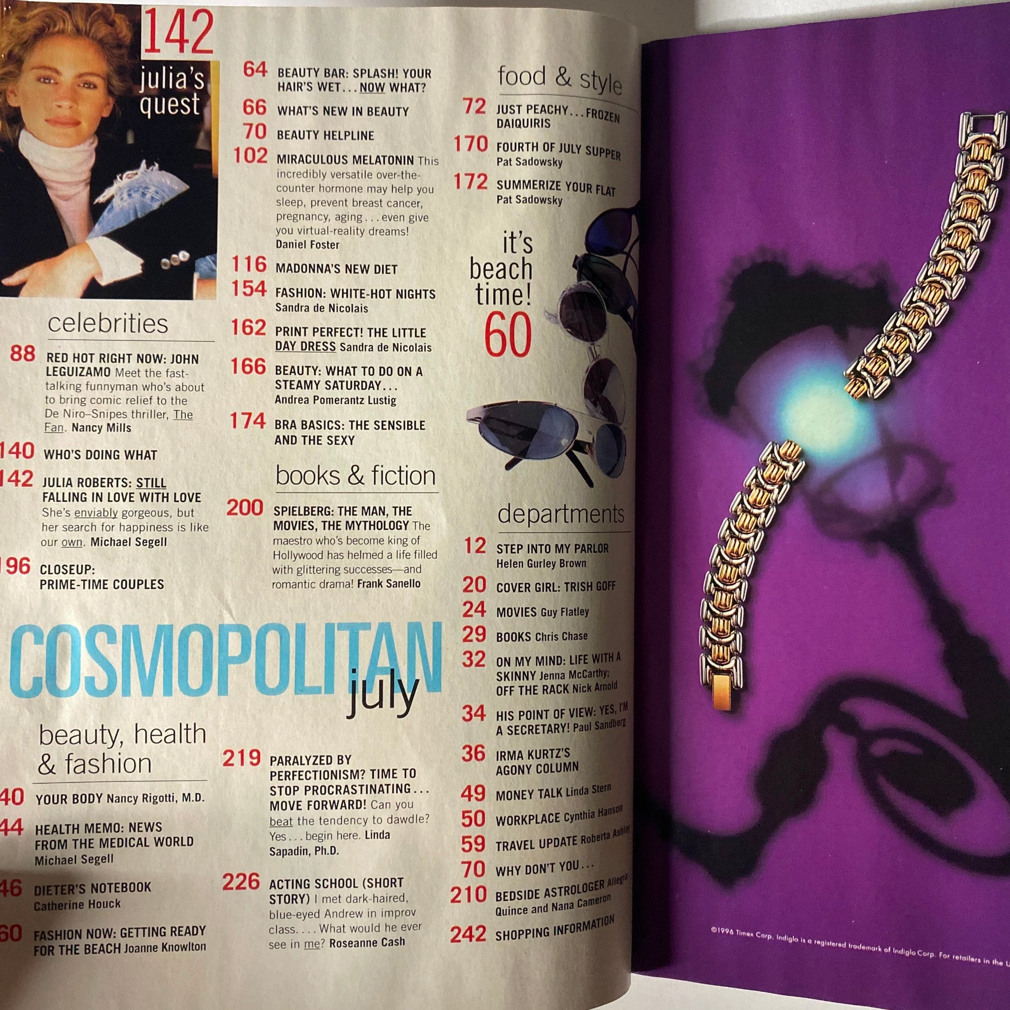 Table of contents page from Cosmopolitan Magazine July 1996, highlighting features including Julia Roberts and fashion, beauty, and lifestyle topics.